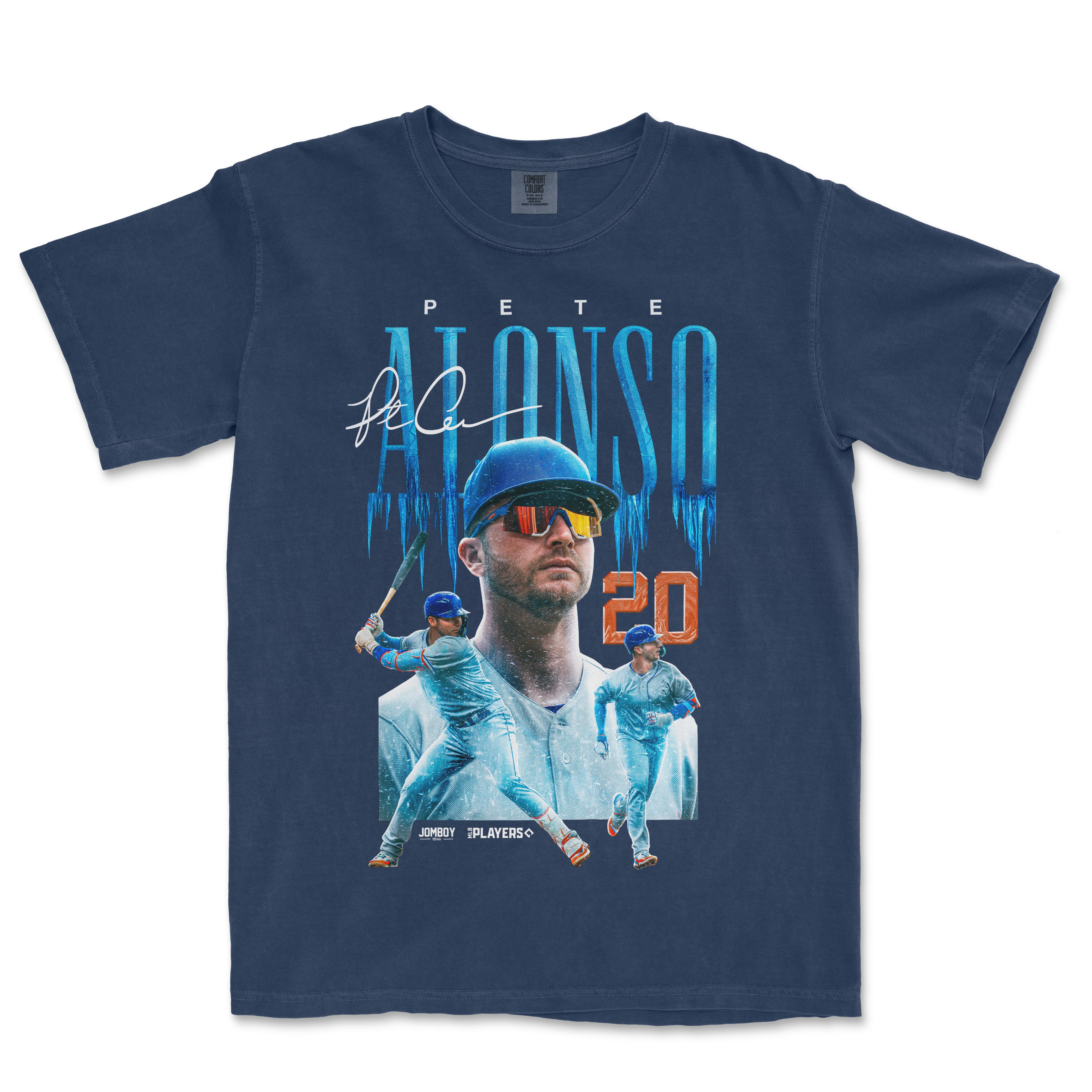 A navy T-shirt featuring a graphic of baseball player Pete Alonso with icy blue and orange text, celebrating his 2020 season.