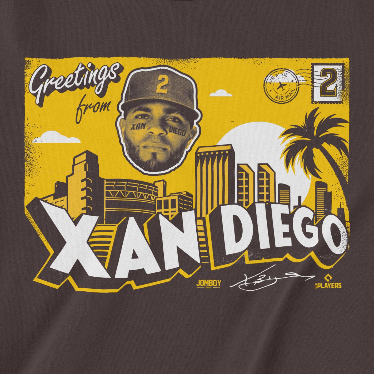 Black T-shirt featuring a yellow and white graphic design of Xander Bogaerts, with cityscape, palm tree, and signature elements.