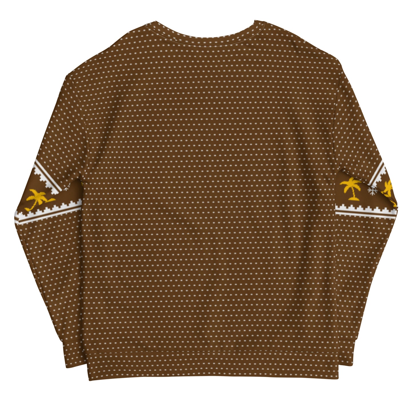 Brown holiday sweater with white polka dots, featuring yellow palm trees and white geometric patterns on the sleeves.