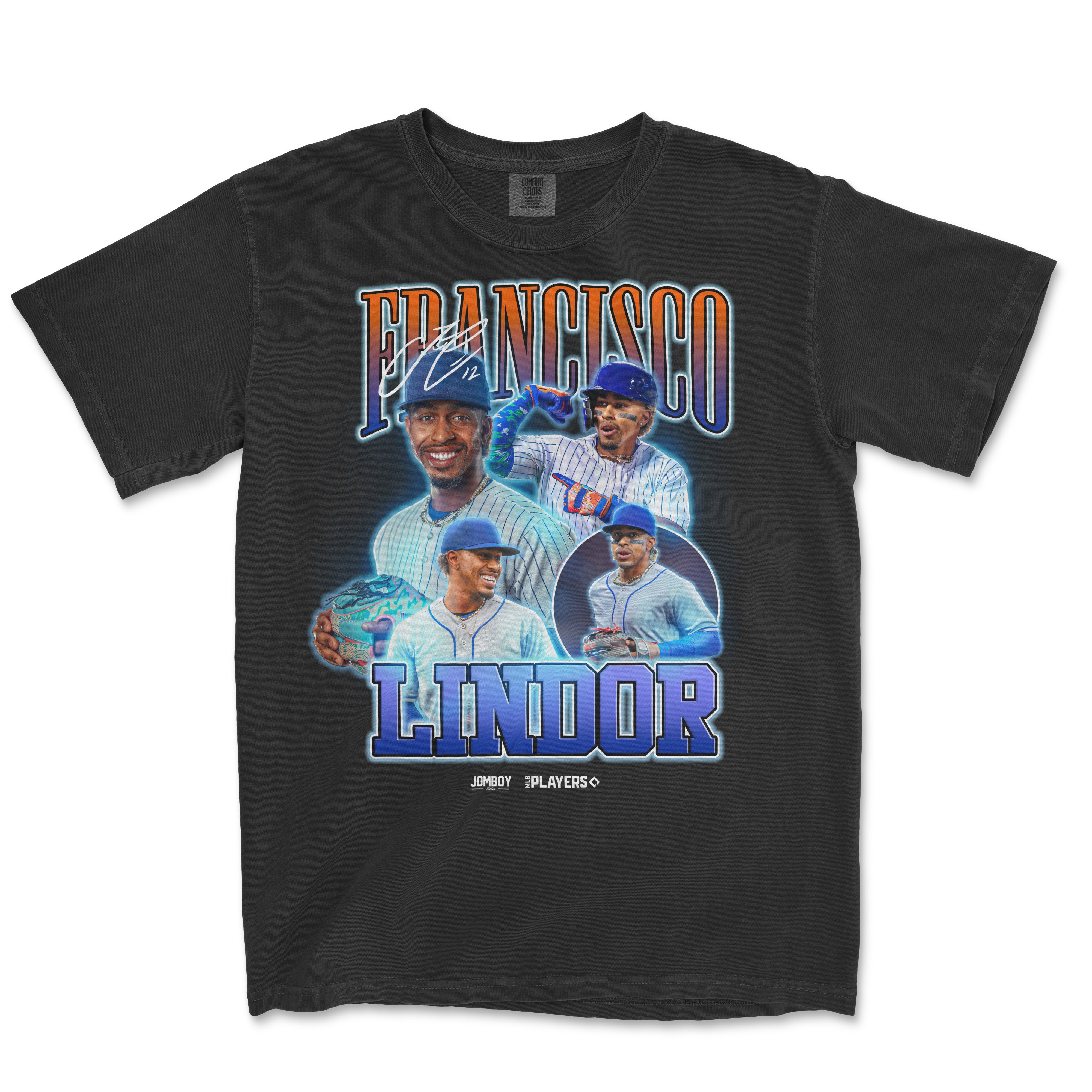 Black Comfort Colors T-shirt featuring multiple images of Francisco Lindor in his baseball uniform with colorful "FRANCISCO LINDOR" text and logos.