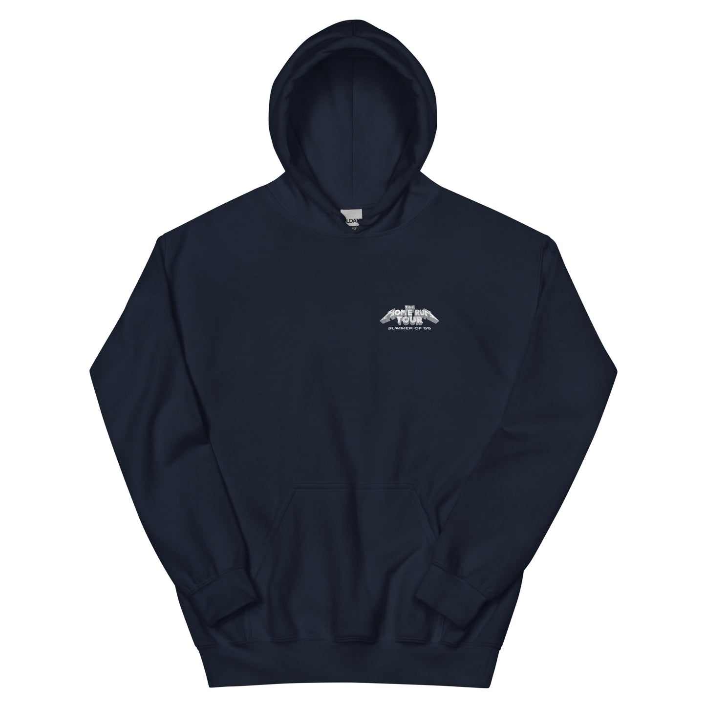 Navy blue hoodie with "Summer of 99" and tour graphic print on the chest, featuring a front pocket and adjustable drawstring hood.