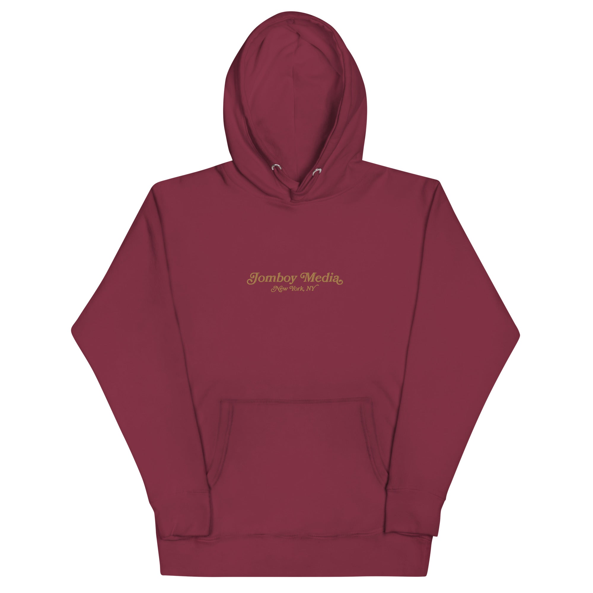 Maroon embroidered hoodie with "Jomboy Media, New York, NY" logo on the front, featuring a front pocket and drawstring hood.