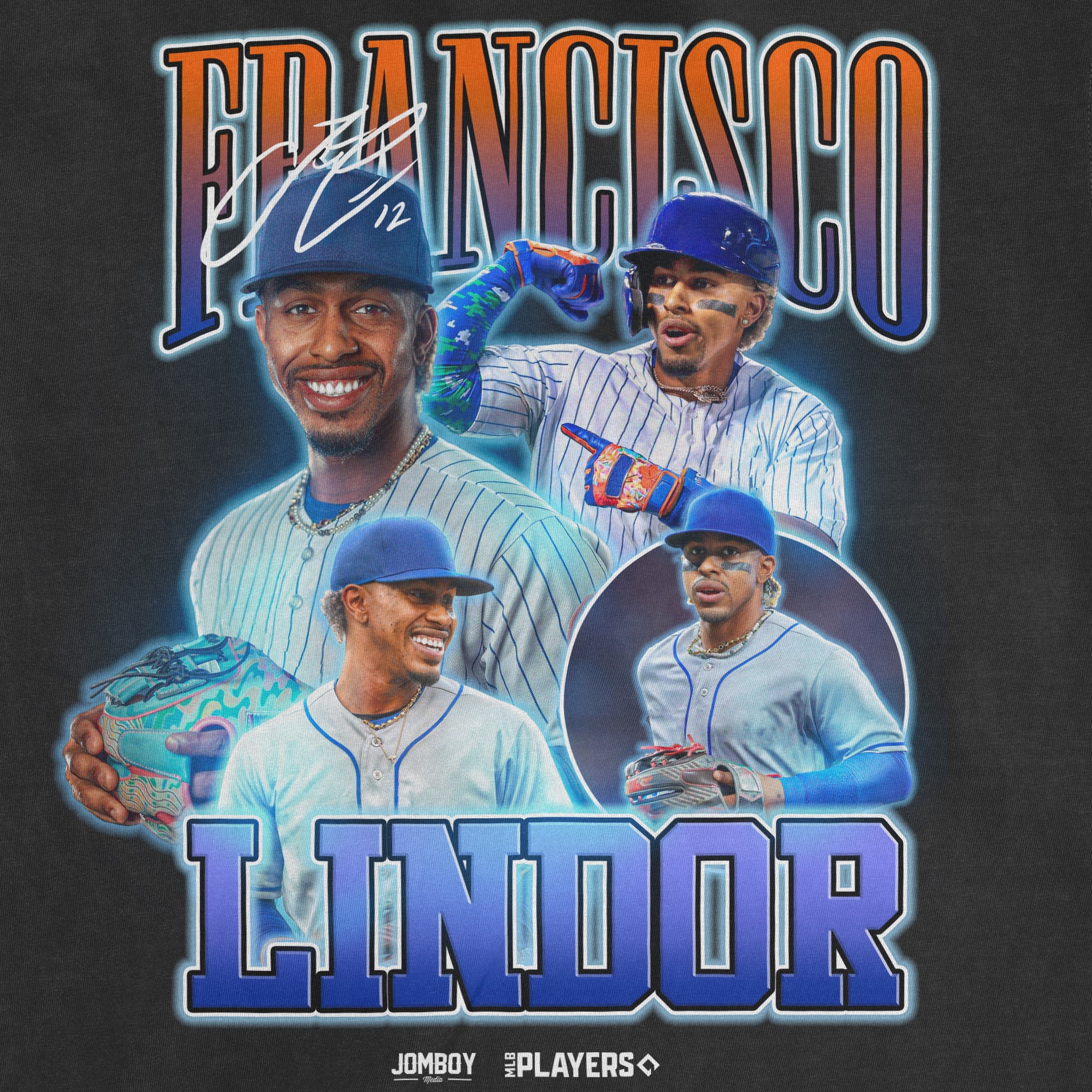 Close-up of a black T-shirt featuring multiple images of Francisco Lindor in a baseball uniform, with "Francisco Lindor" text and signatures.