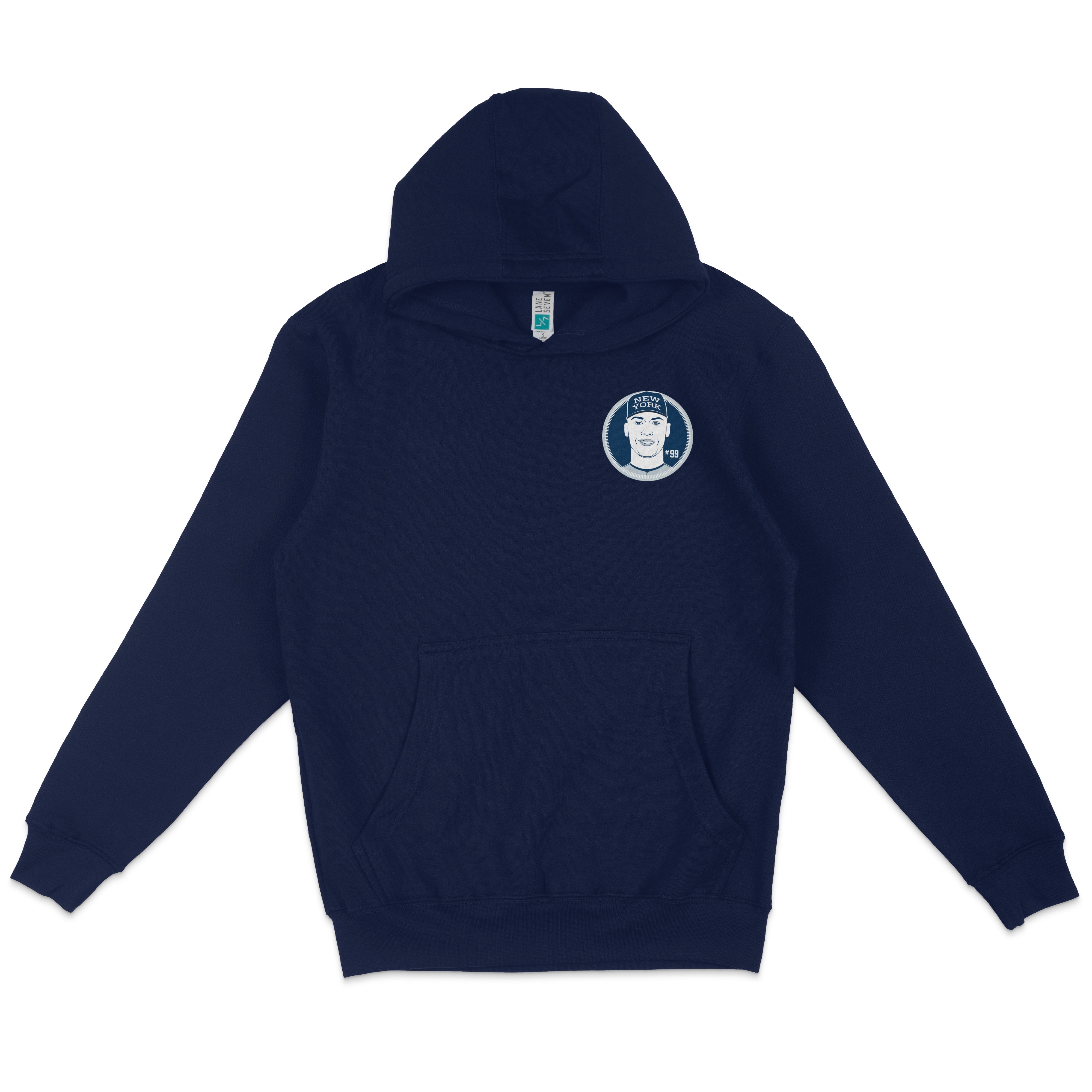 Navy blue Aaron Judge hooded pullover fleece hoodie with a front pocket and a circular New York Yankees logo patch on the chest.