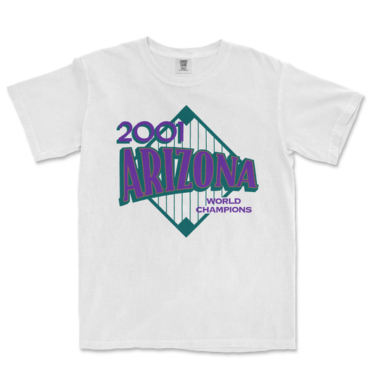 White Comfort Colors T-shirt featuring a graphic design celebrating Arizona's 2001 World Champions, with purple and teal text and graphics.
