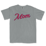 Gray Comfort Colors T-shirt with "Mom" written in pink and navy cursive font, designed for Atlanta baseball moms.