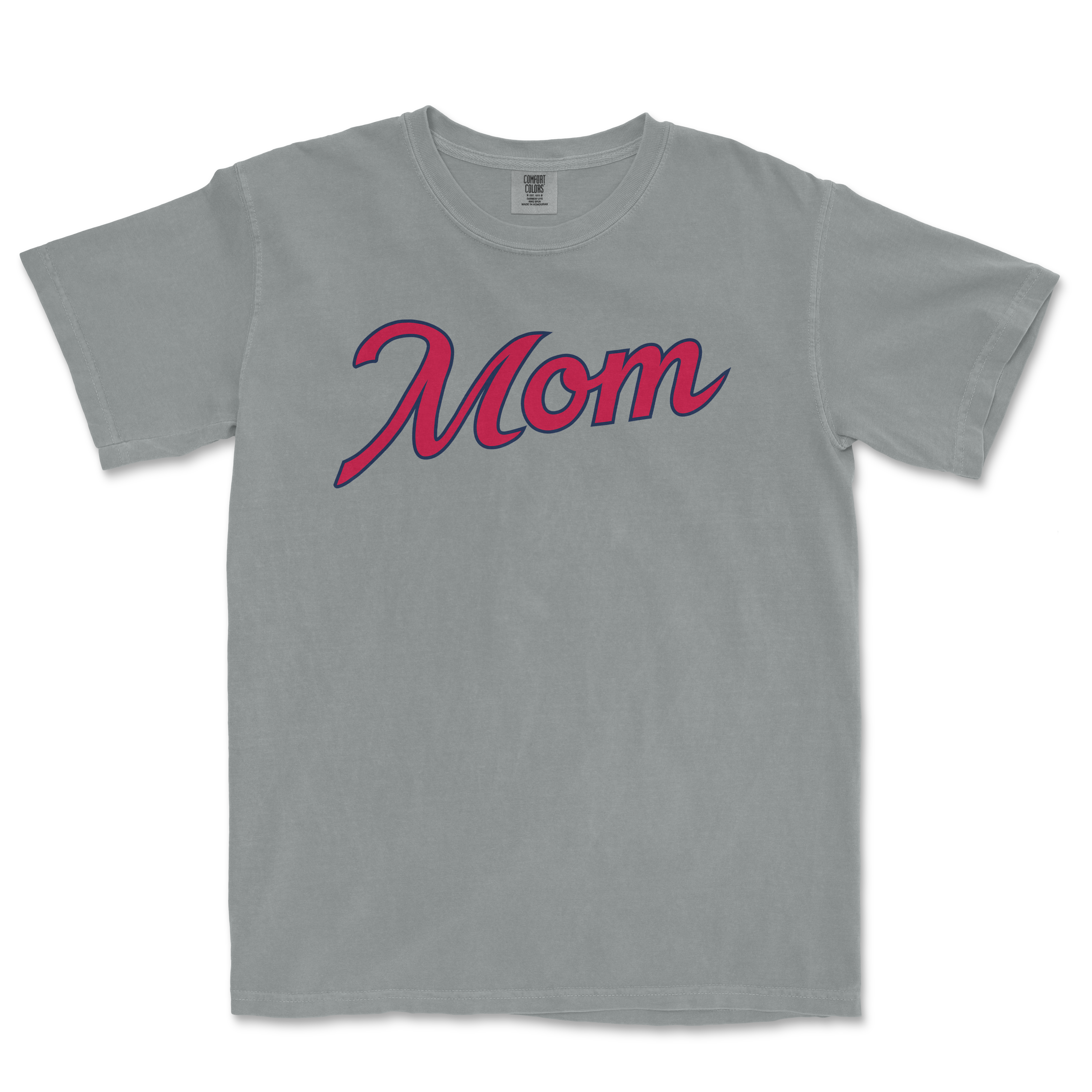 Gray Comfort Colors T-shirt with "Mom" written in pink and navy cursive font, designed for Atlanta baseball moms.