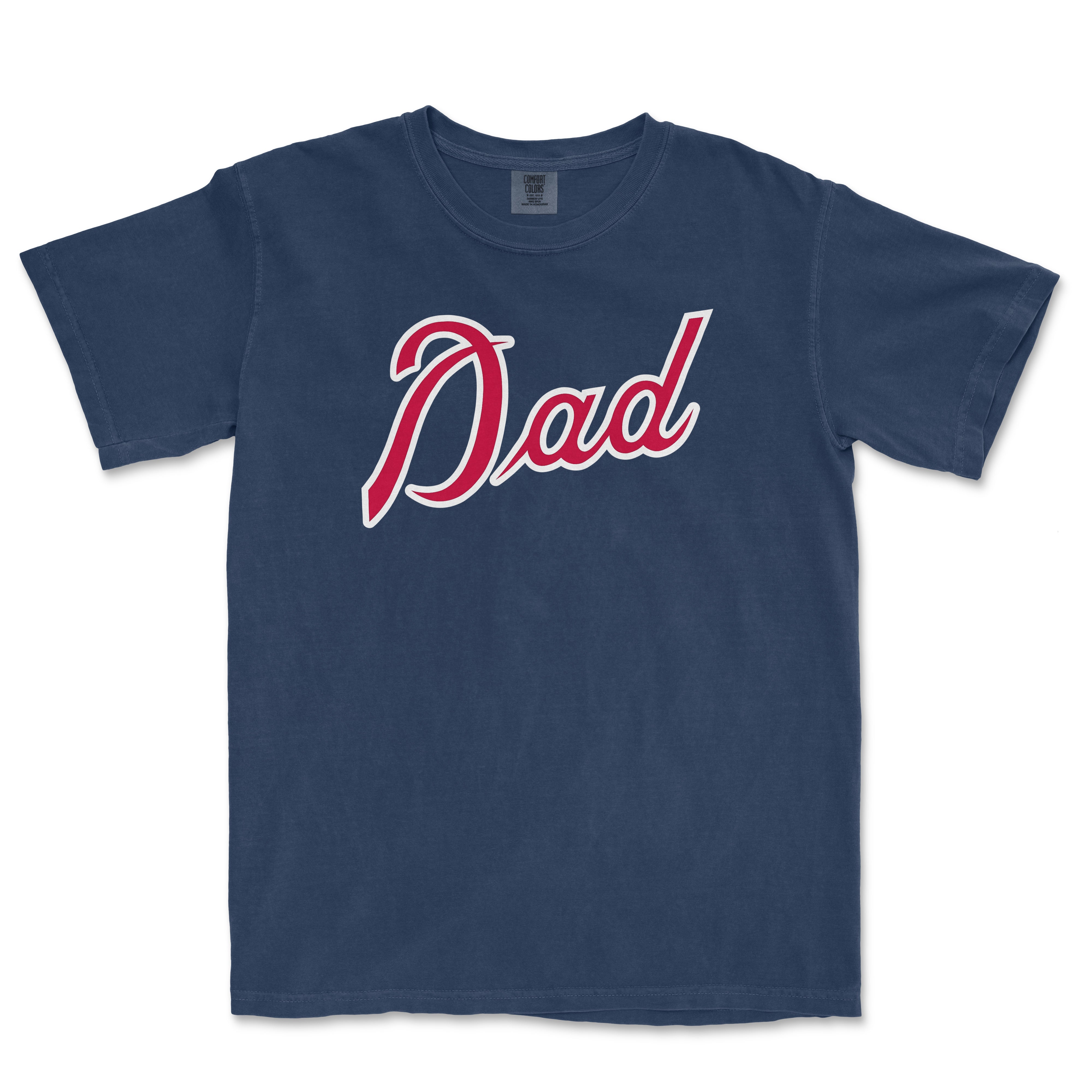 Comfort Colors navy T-shirt with "Dad" in large, cursive white and red lettering, perfect for Atlanta baseball dads.