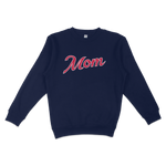 Navy crewneck sweatshirt with "Mom" written in red and white cursive lettering, designed for Atlanta baseball moms.
