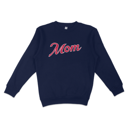 Navy crewneck sweatshirt with "Mom" written in red and white cursive lettering, designed for Atlanta baseball moms.