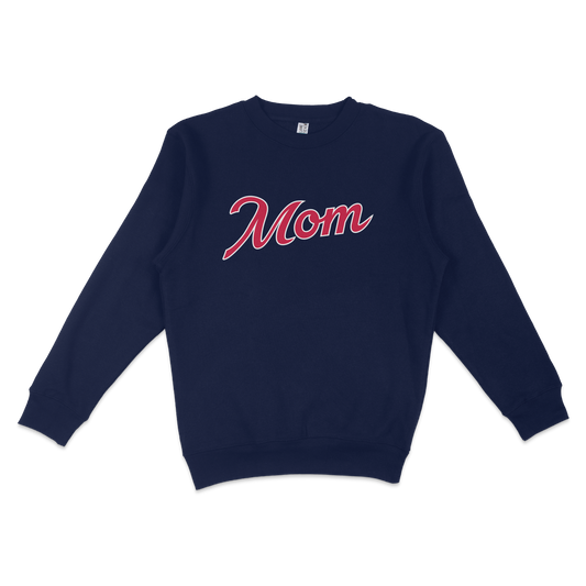 Navy crewneck sweatshirt with "Mom" written in red and white cursive lettering, designed for Atlanta baseball moms.