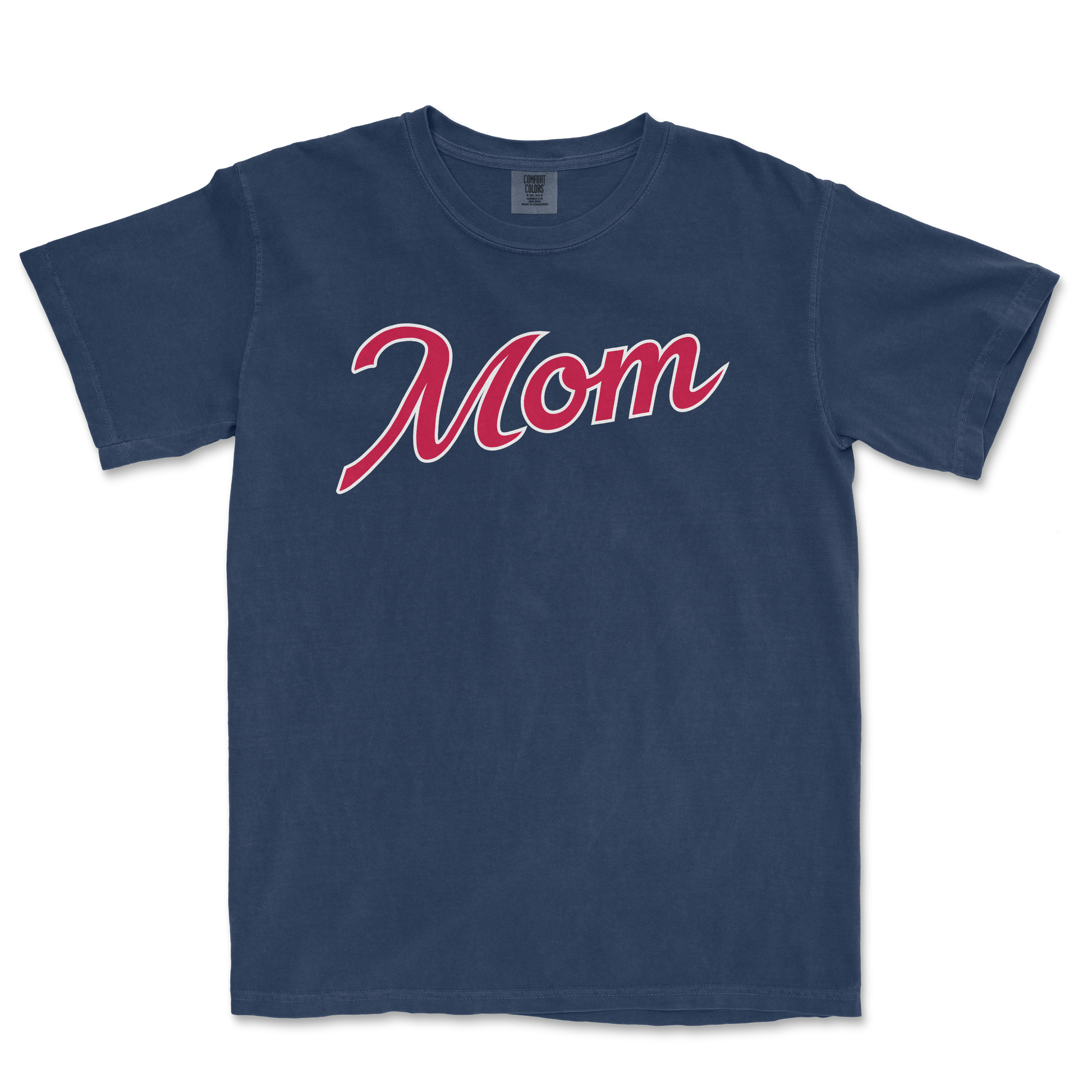 Comfort Colors navy T-shirt with "Mom" written in large, cursive pink and white lettering, celebrating Atlanta baseball moms.