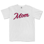 White Comfort Colors T-shirt with "Mom" written in large, cursive pink and navy font, designed for Atlanta baseball moms.