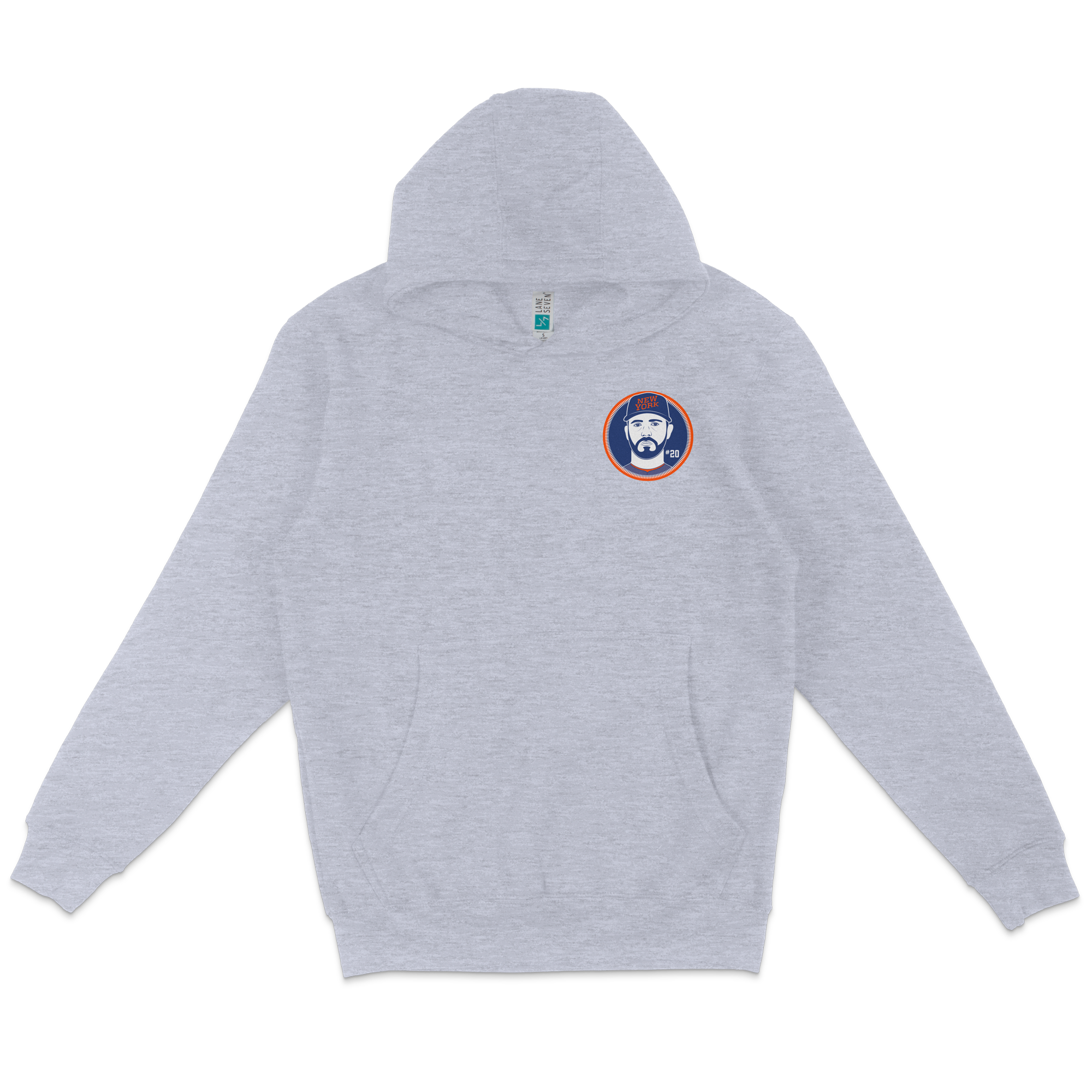 Light gray pullover fleece hoodie featuring a Pete Alonso patch with a bearded man's face, cap, and "NY" logo on the chest.