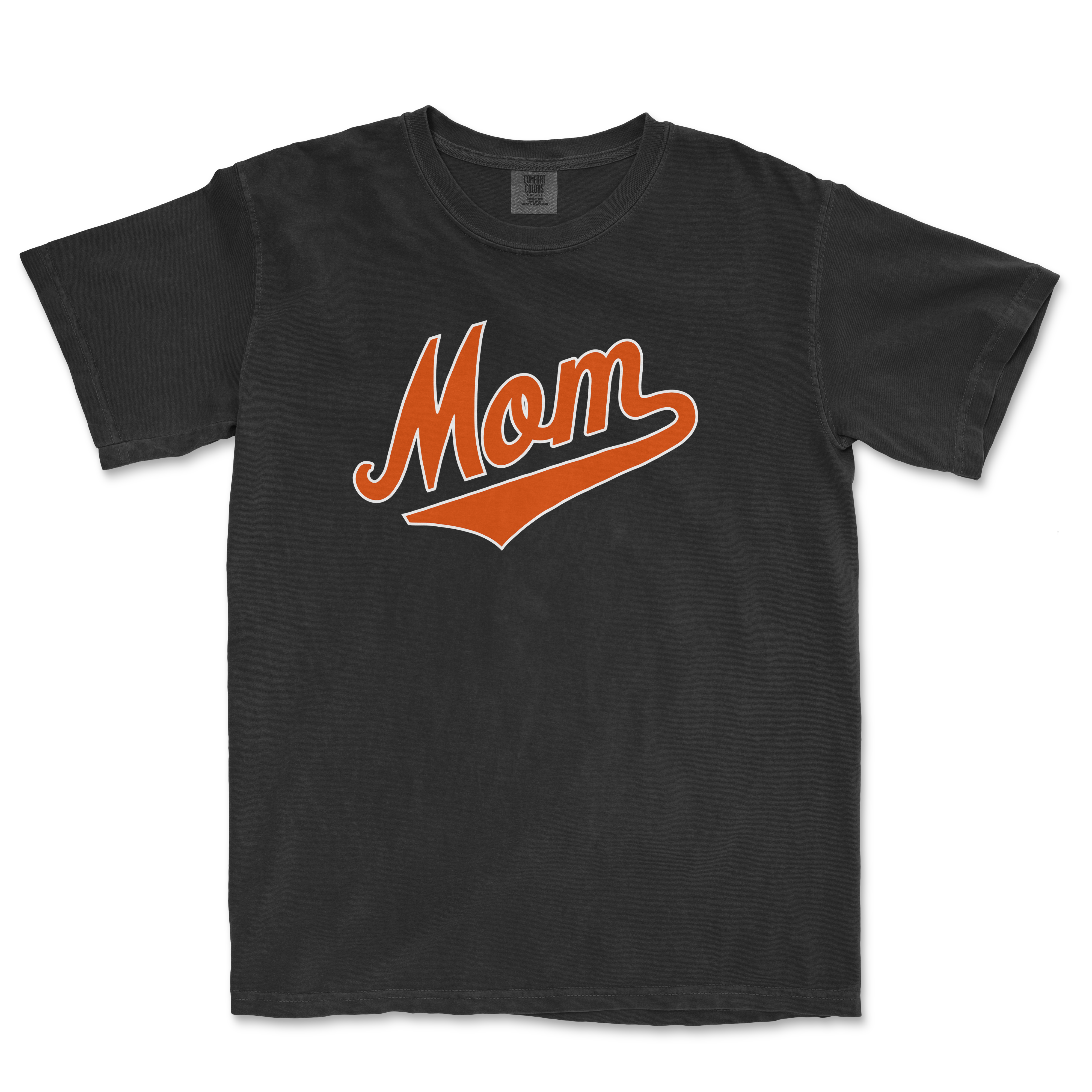 Black Comfort Colors T-shirt with "Mom" in orange script and underline, designed for Baltimore baseball moms.