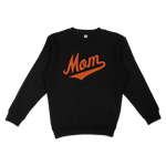 Black crewneck sweatshirt with orange "Mom" text and swoosh design, perfect for Baltimore baseball moms.