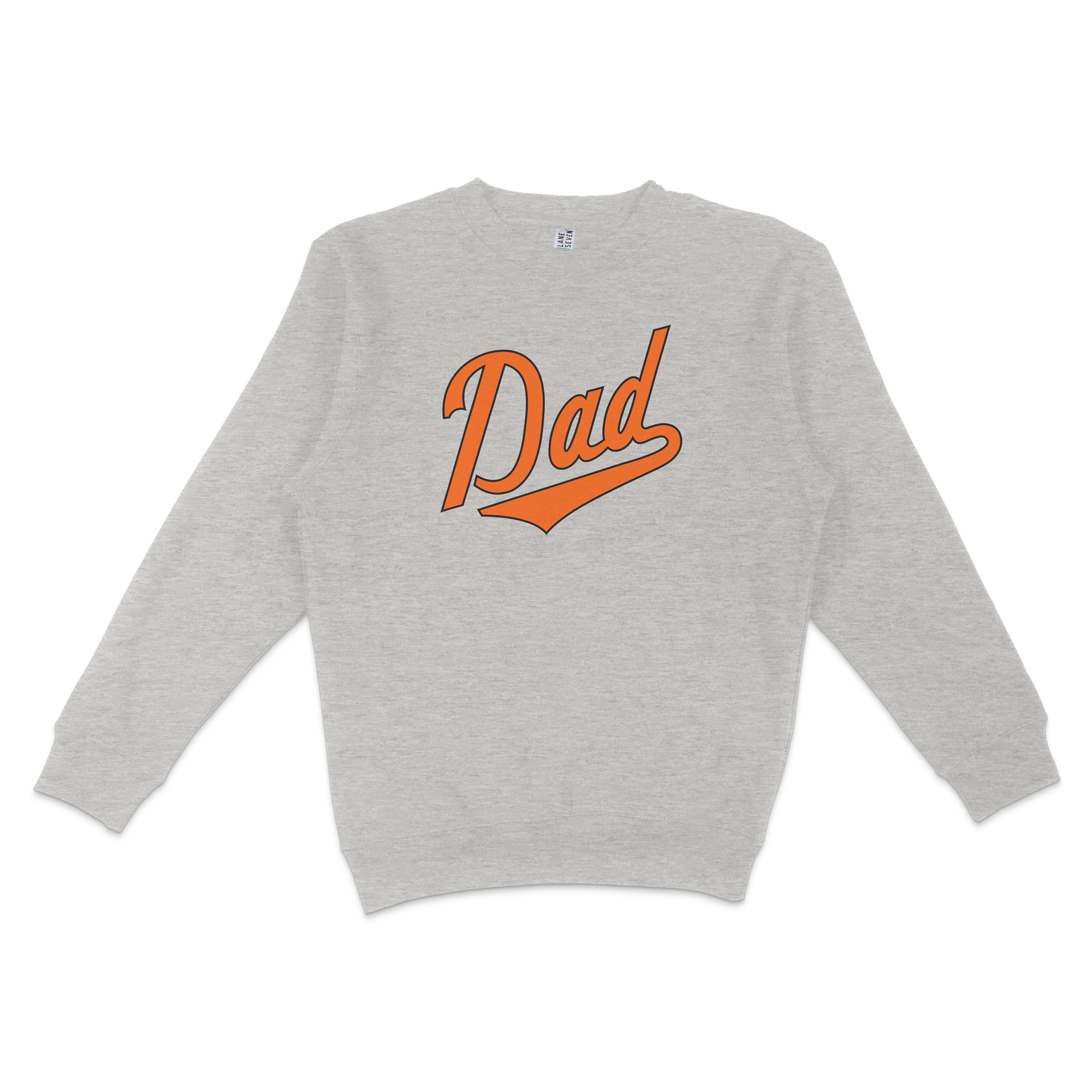 Gray crewneck sweatshirt with "Dad" in orange script and underline, designed for Baltimore baseball dads.