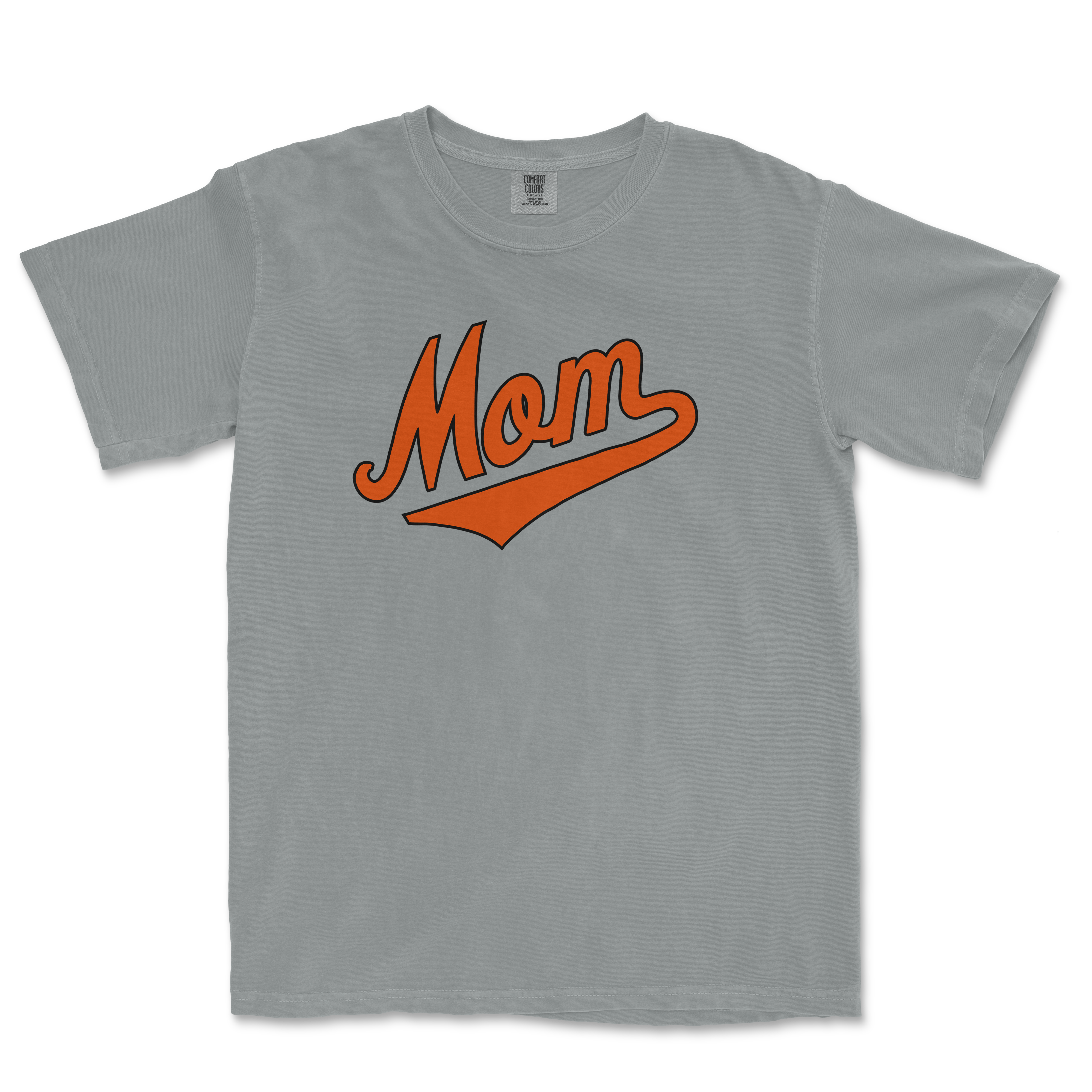 Gray Comfort Colors T-shirt with "Mom" in orange script and underline, designed for Baltimore baseball moms.