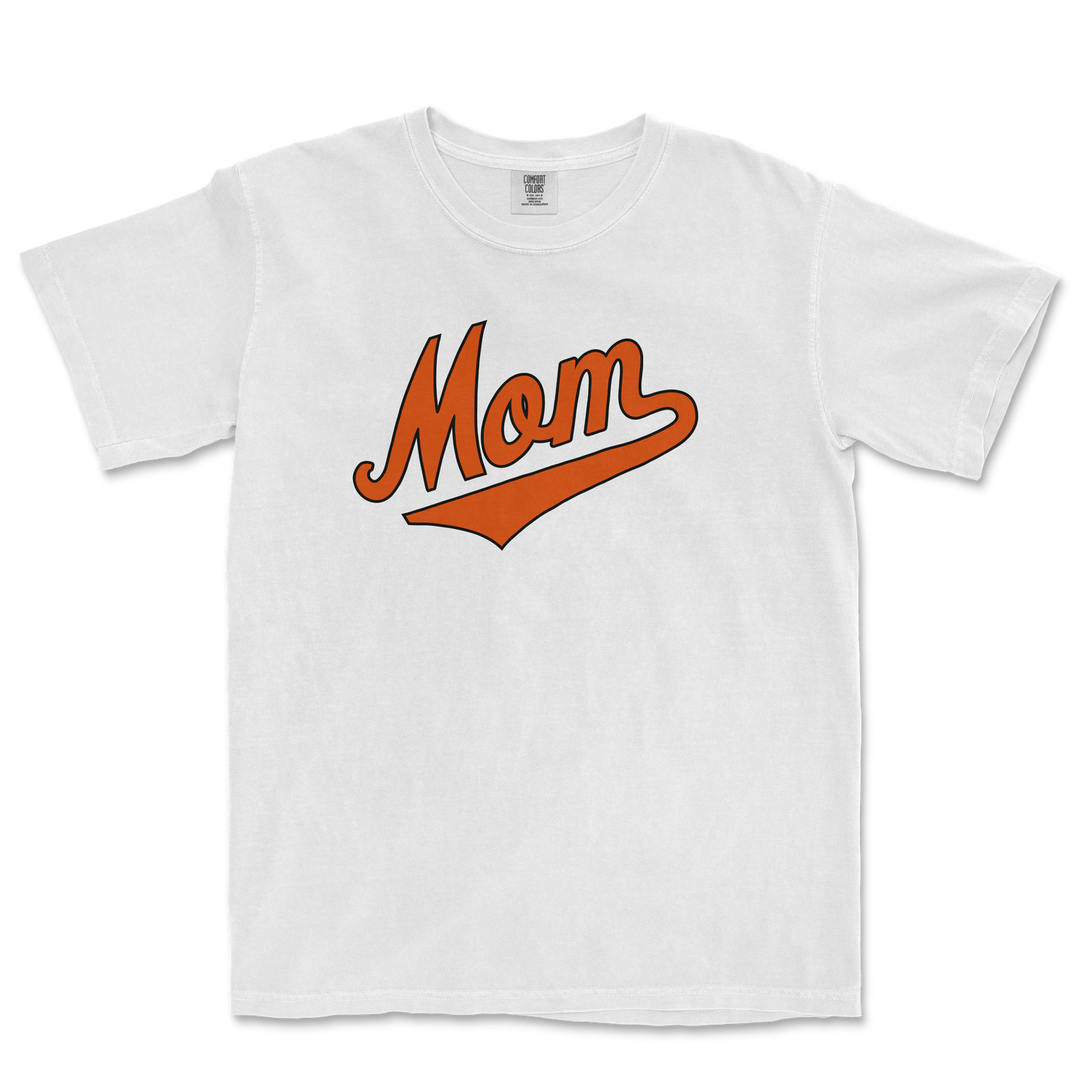 White Comfort Colors T-shirt with "Mom" in orange script and a swoosh underline, celebrating Baltimore baseball moms.