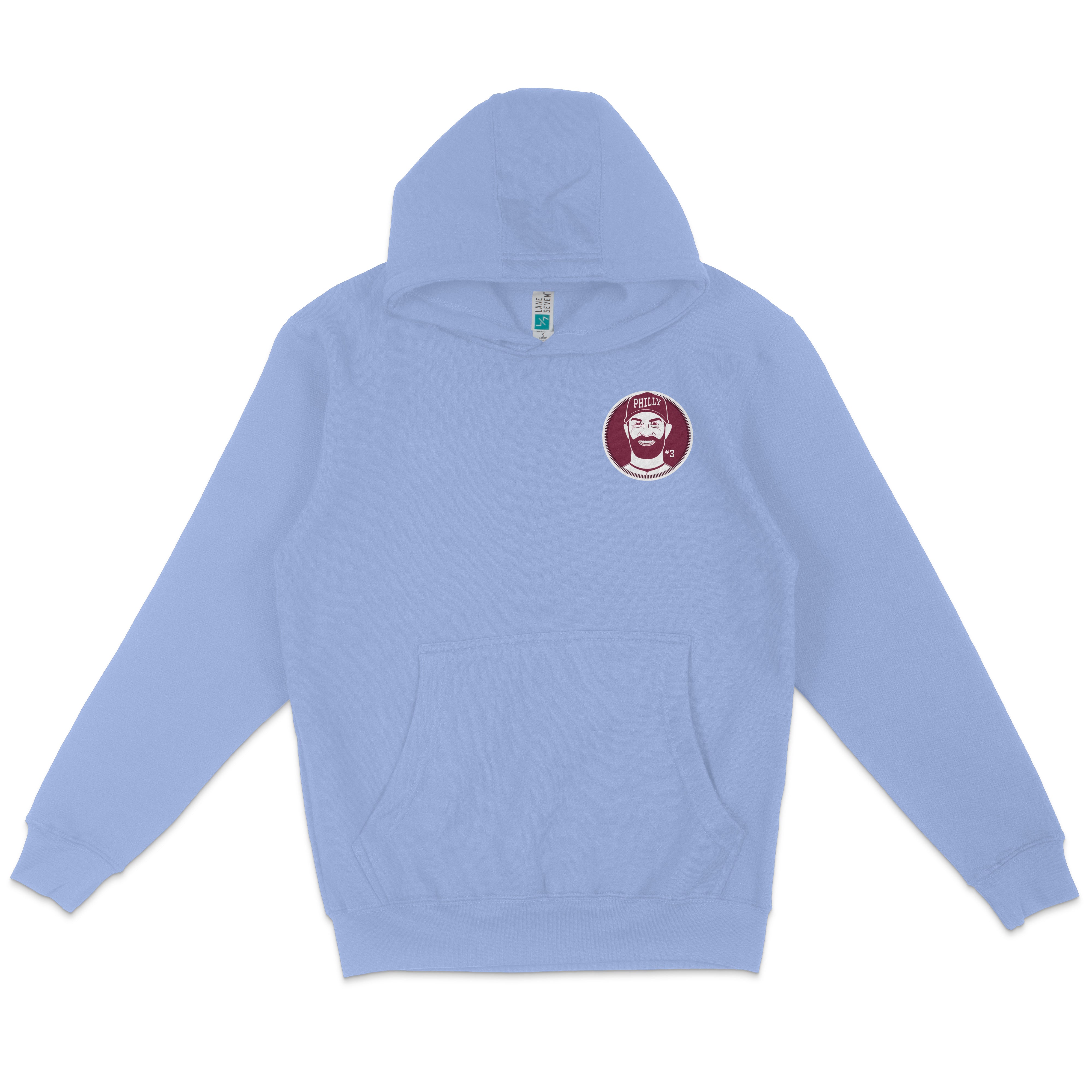 Light blue Bryce Harper pullover fleece hoodie with a Philadelphia Phillies logo patch on the chest.