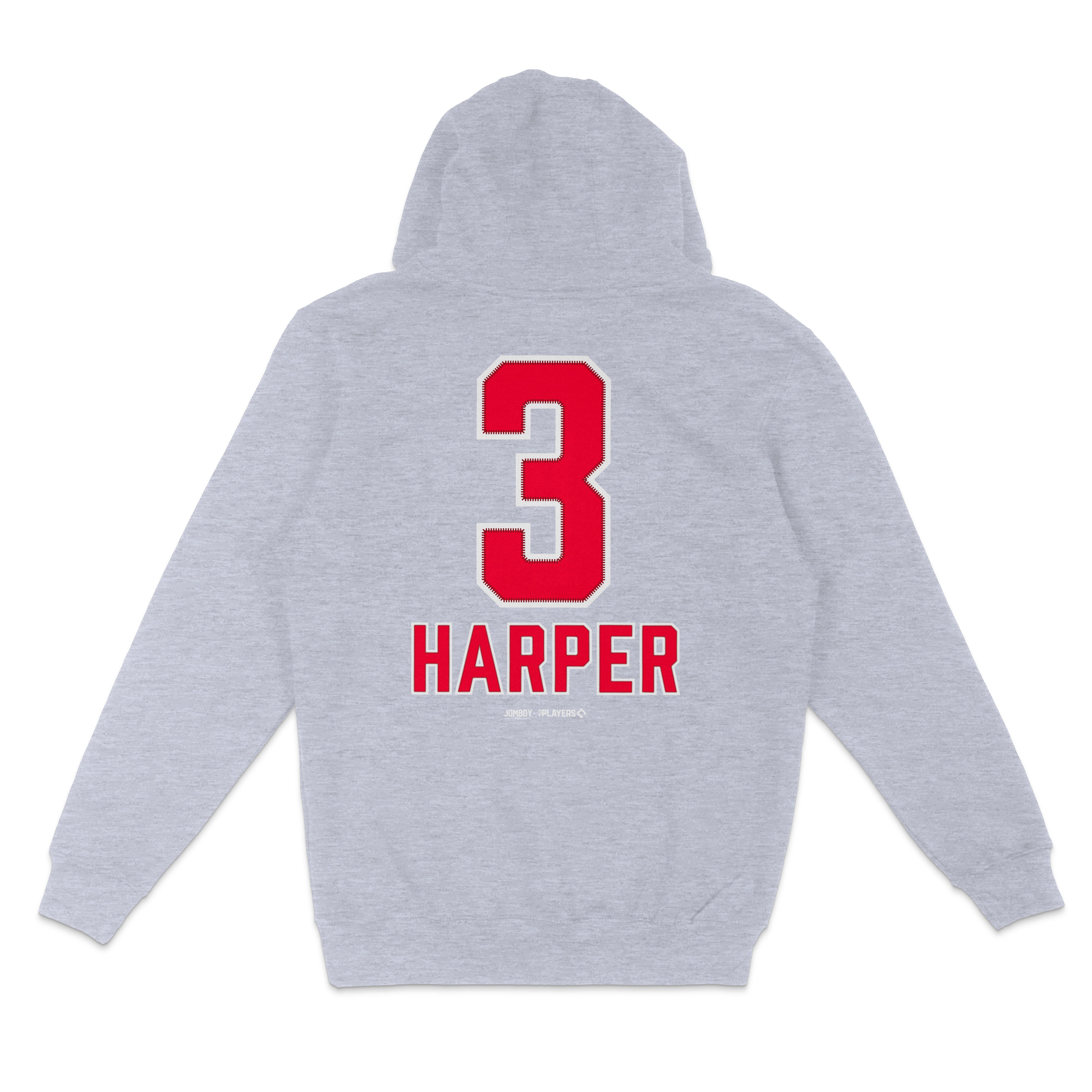 Gray Bryce Harper pullover fleece hoodie featuring a large red number 3 and "HARPER" text on the back.