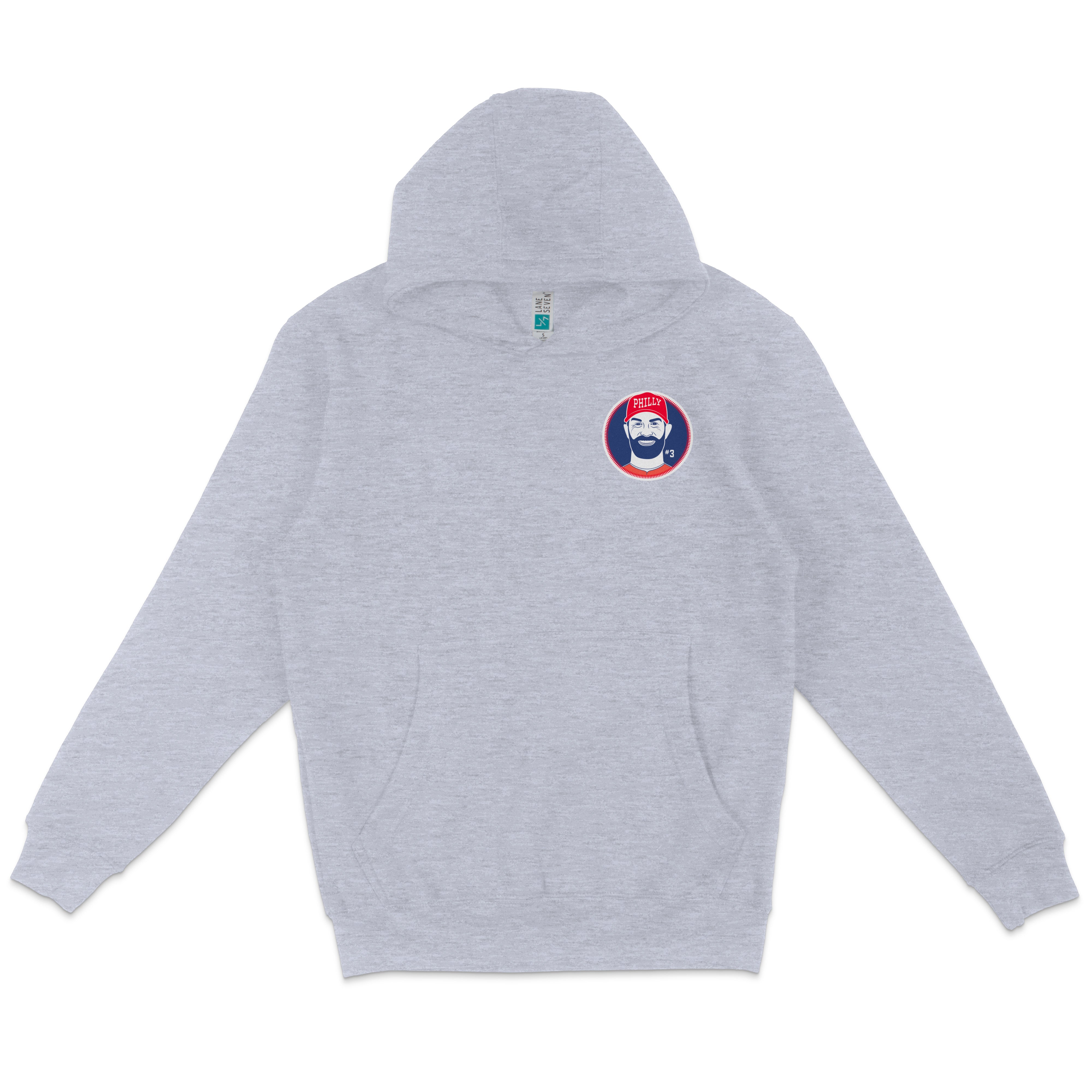 Gray Bryce Harper pullover fleece hoodie with a Philadelphia Phillies logo patch on the chest.