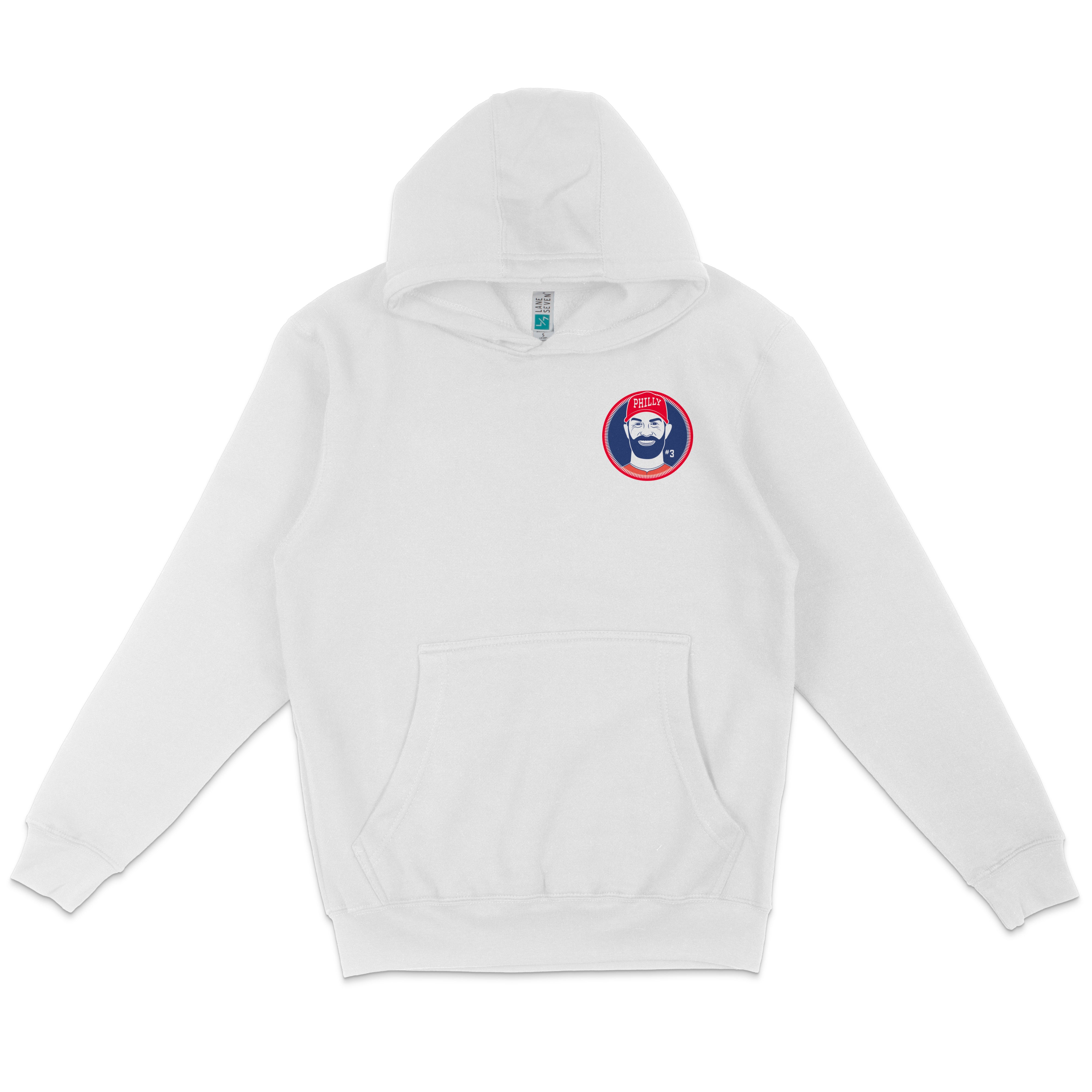 White Bryce Harper pullover fleece hoodie with a Philadelphia Phillies logo patch on the chest.