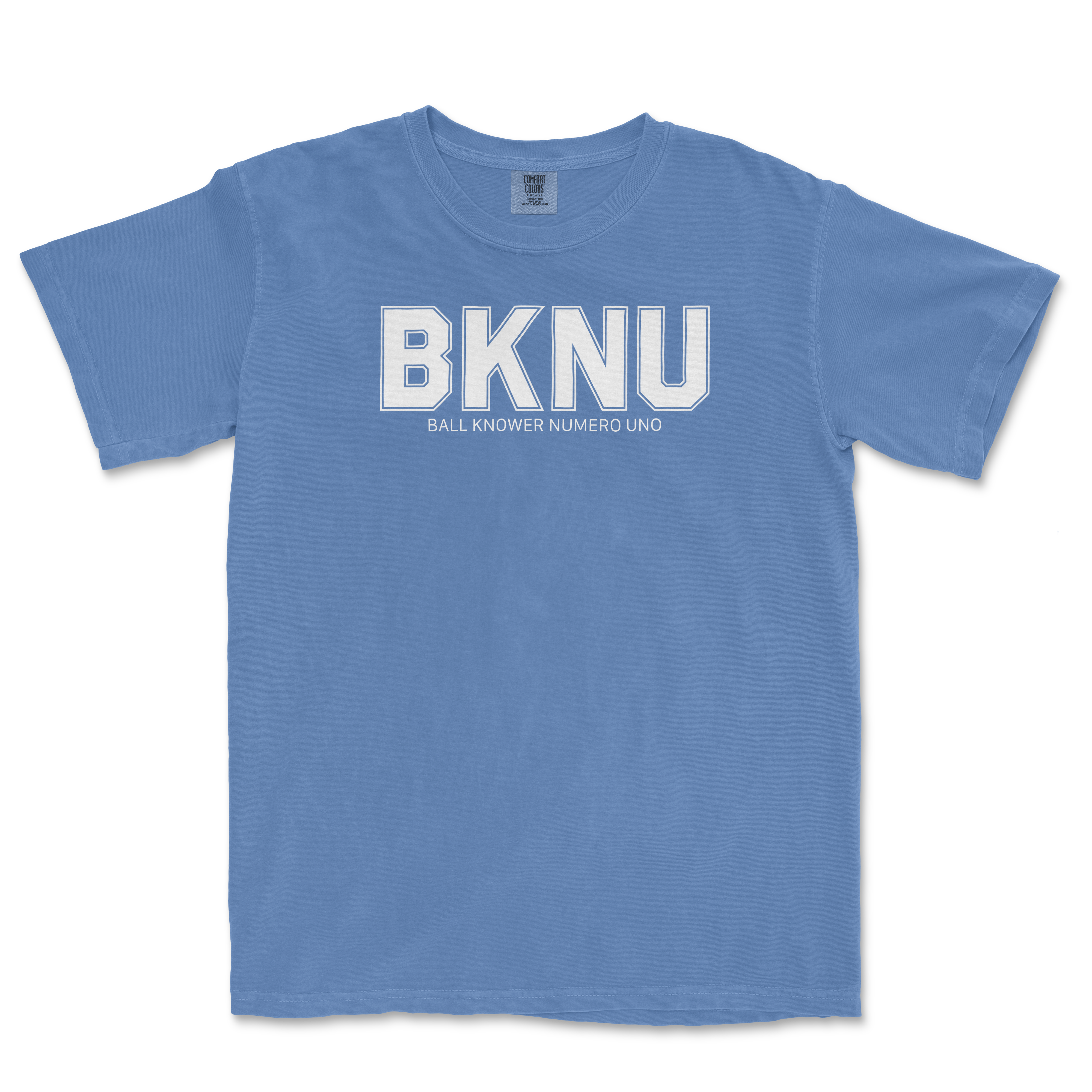 Blue Comfort Colors T-shirt featuring "BKNU" and "Ball Knower Numero Uno" text in white, casual style for fans of the game.
