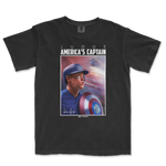 Black Comfort Colors T-shirt featuring a graphic of Aaron Judge in baseball gear, with "America's Captain" and a baseball-themed design.