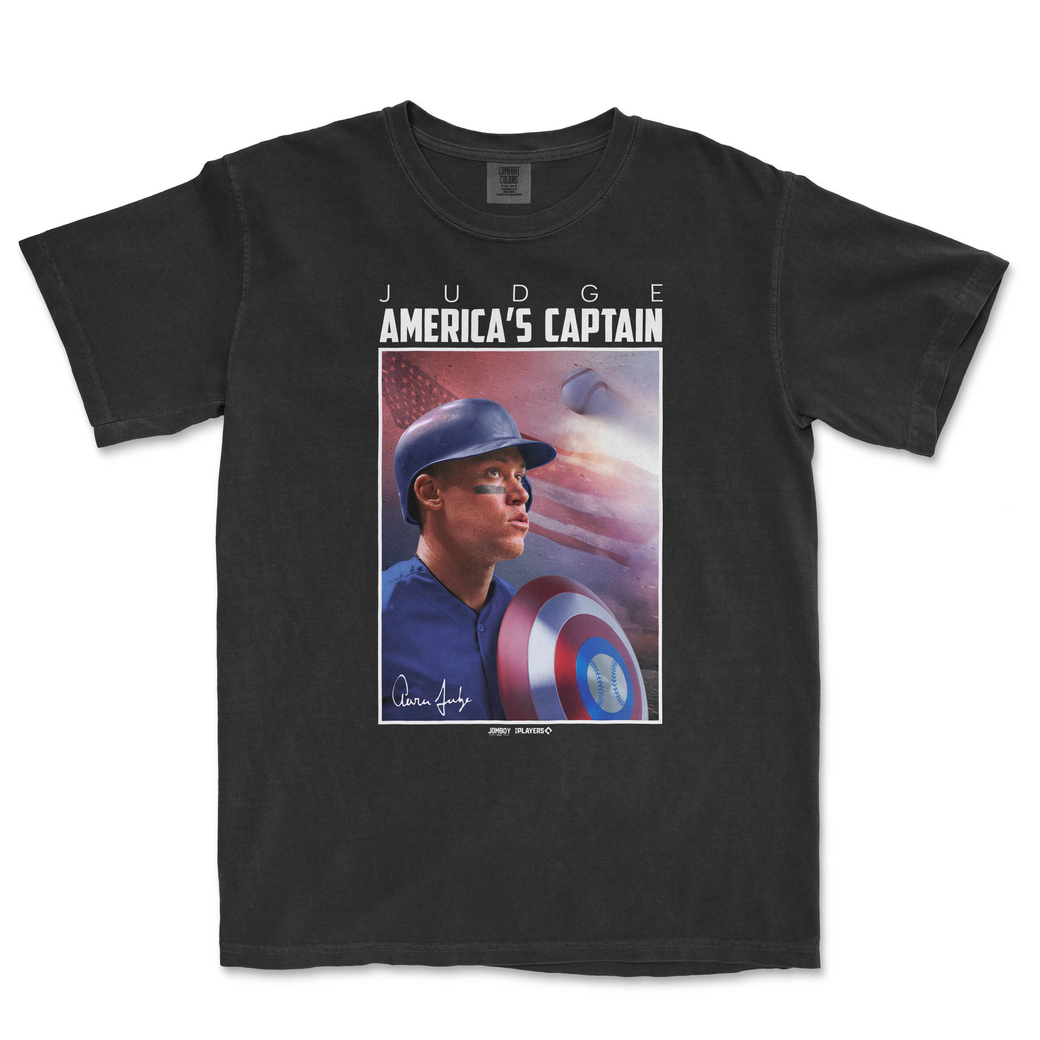 Black Comfort Colors T-shirt featuring a graphic of Aaron Judge in baseball gear, with "America's Captain" and a baseball-themed design.