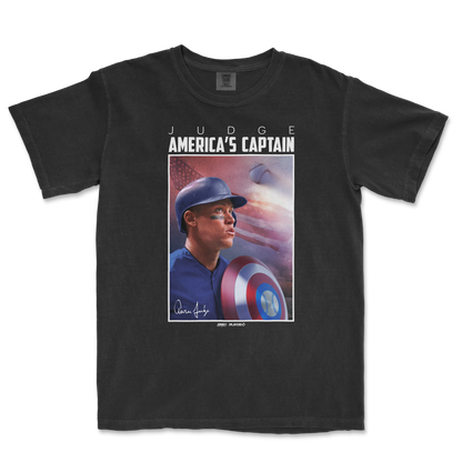 Black Comfort Colors T-shirt featuring a graphic of Aaron Judge in baseball gear, with "America's Captain" and a baseball-themed design.