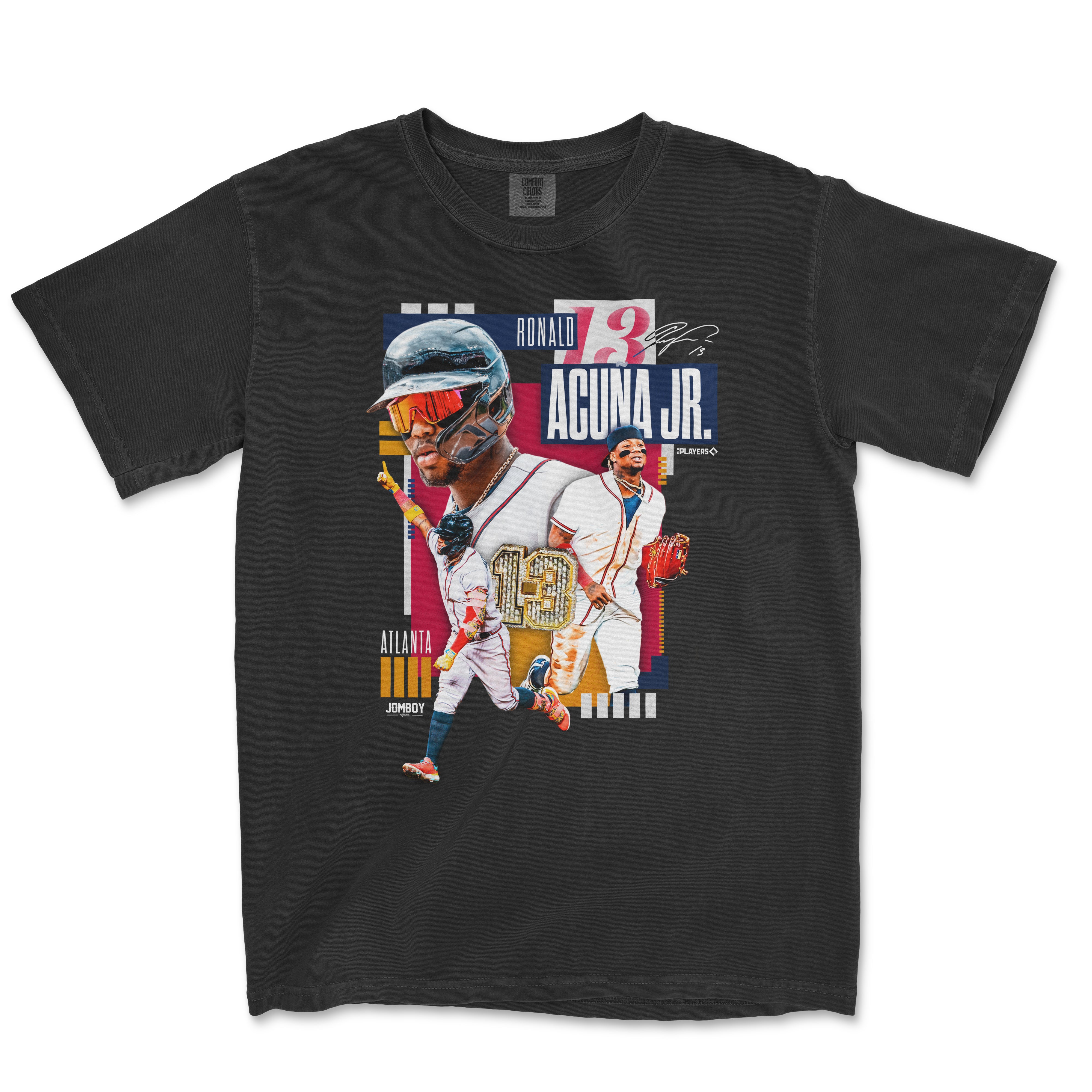 Black T-shirt featuring Ronald Acuña Jr. signature, multiple images of him in baseball gear, and colorful graphic design elements.
