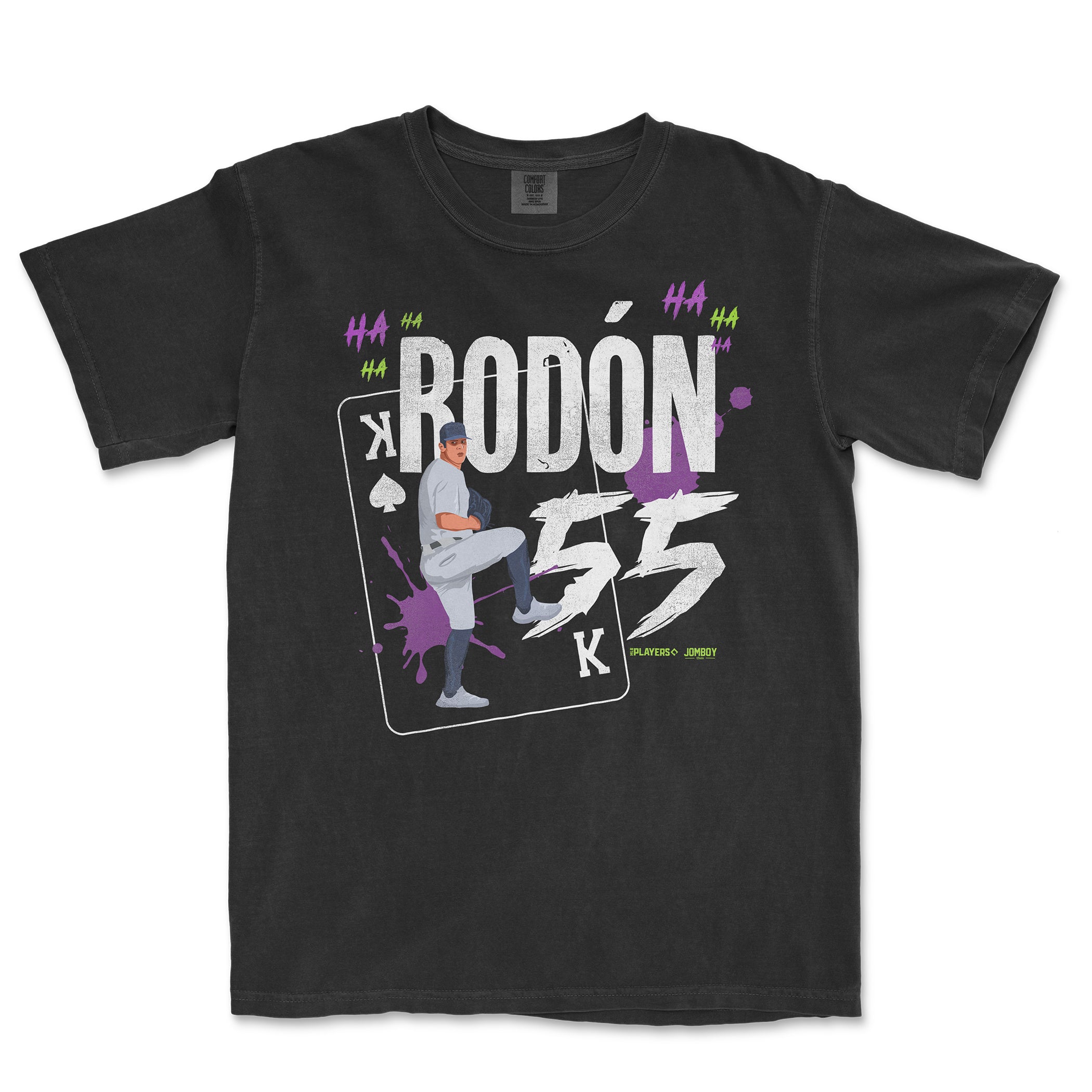 Black Comfort Colors T-shirt featuring a graphic design with a baseball player, bold text, and colorful splashes and "HA HA" accents.