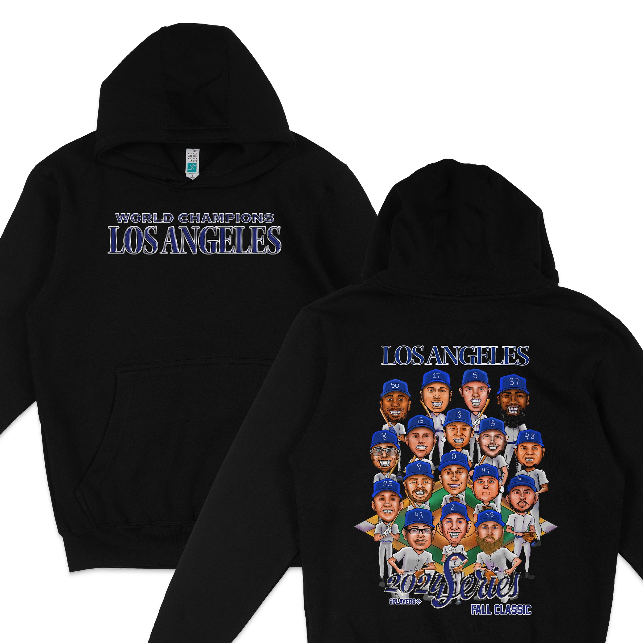 Black hoodie featuring "World Champions Los Angeles" text on the front and a colorful cartoon illustration of baseball players with "2021 Series Fall Classic" on the back.
