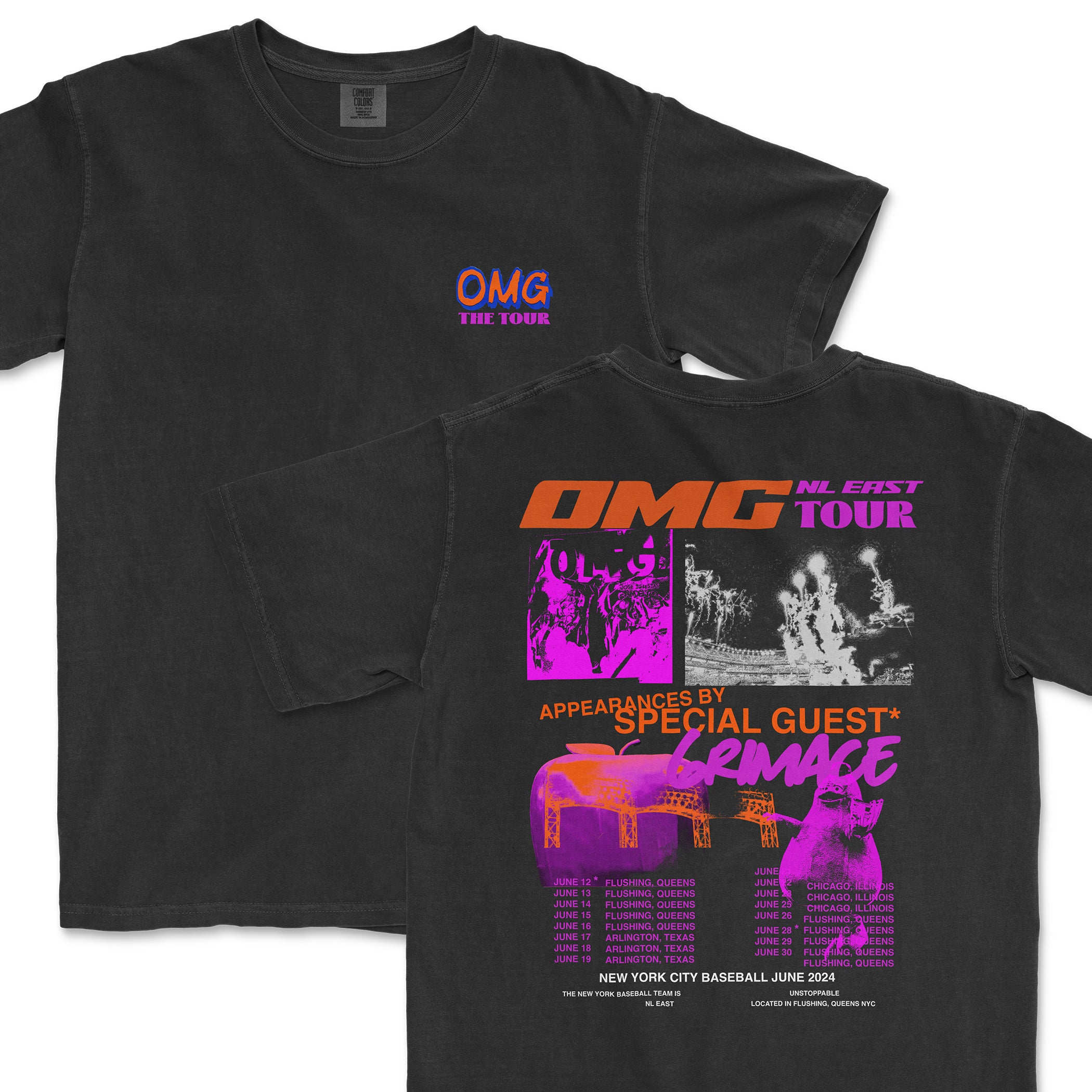 Black Comfort Colors T-shirt featuring colorful graphics and text promoting NYM World Tour, with tour dates and special guest details.
