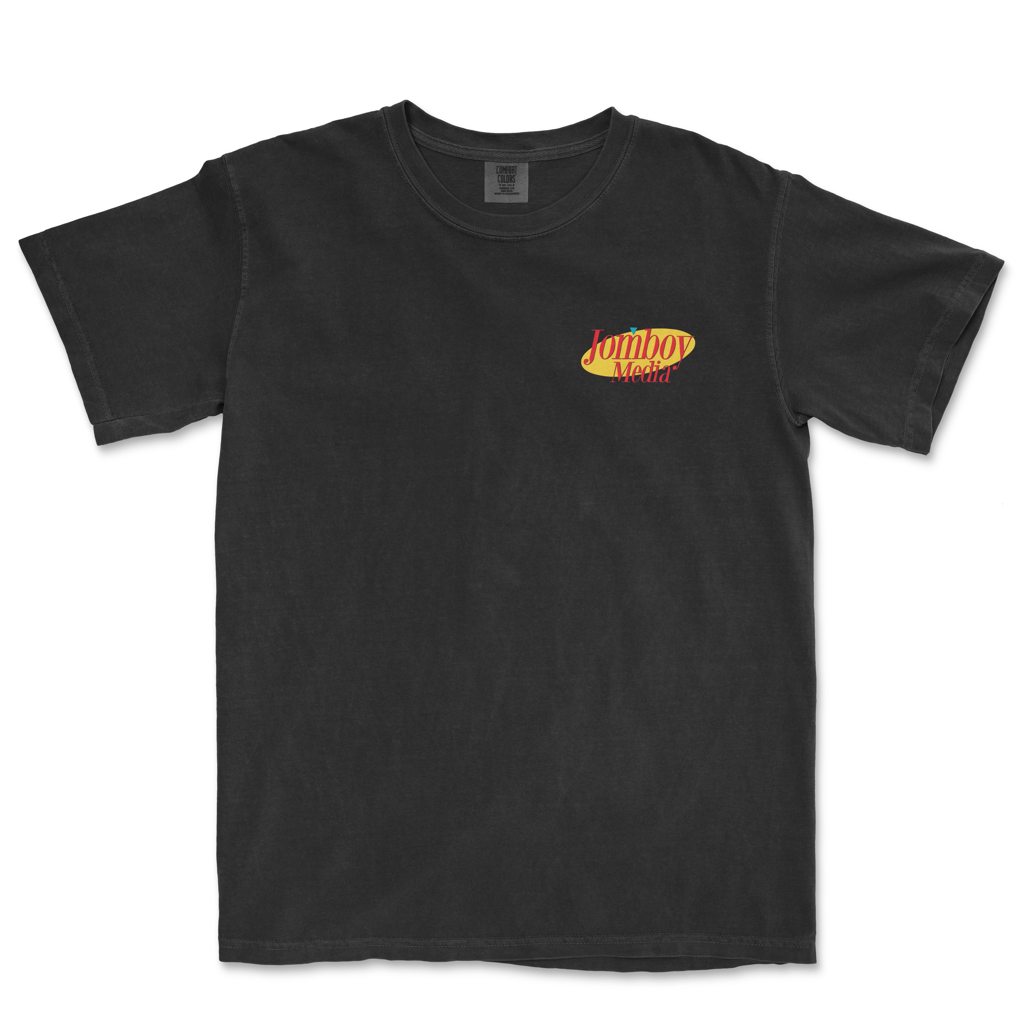 Black T-shirt with "Jomboy Media" logo in red and yellow on the upper left chest area.