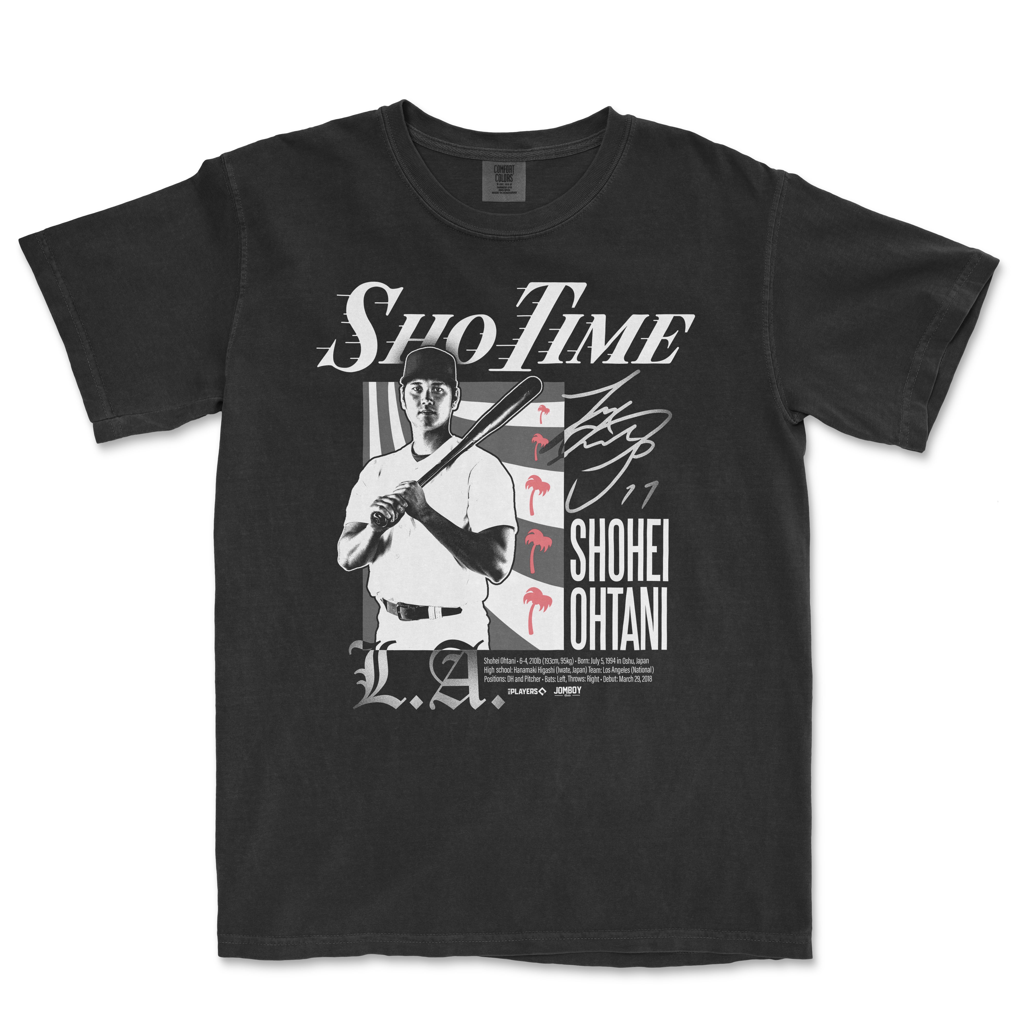 Black T-shirt featuring a graphic of Shohei Ohtani holding a baseball bat, with stylized text and design elements related to Sho-Time.