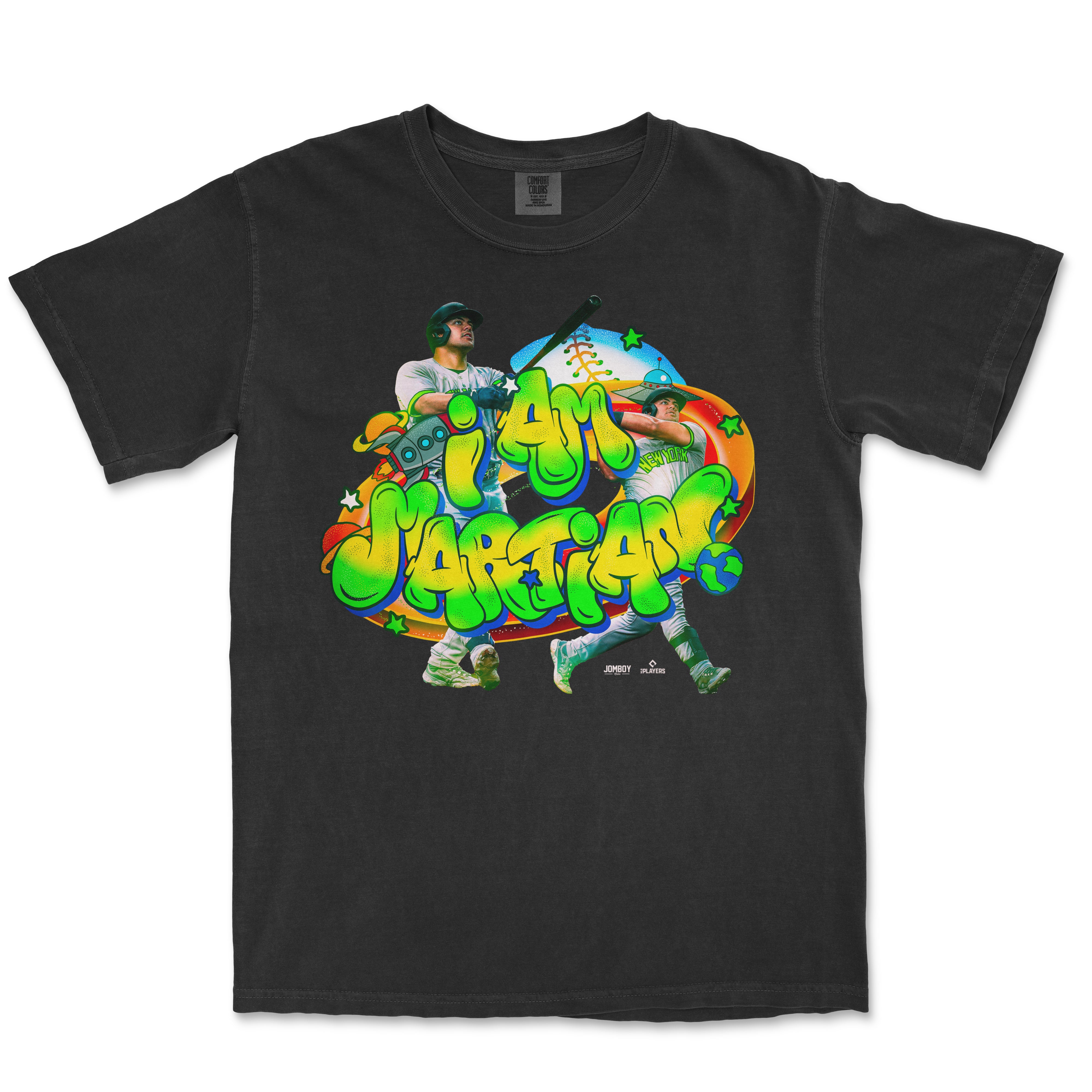 Colorful graphic T-shirt featuring two baseball players with graffiti-style text reading "I am a Martian," surrounded by space and planet motifs.