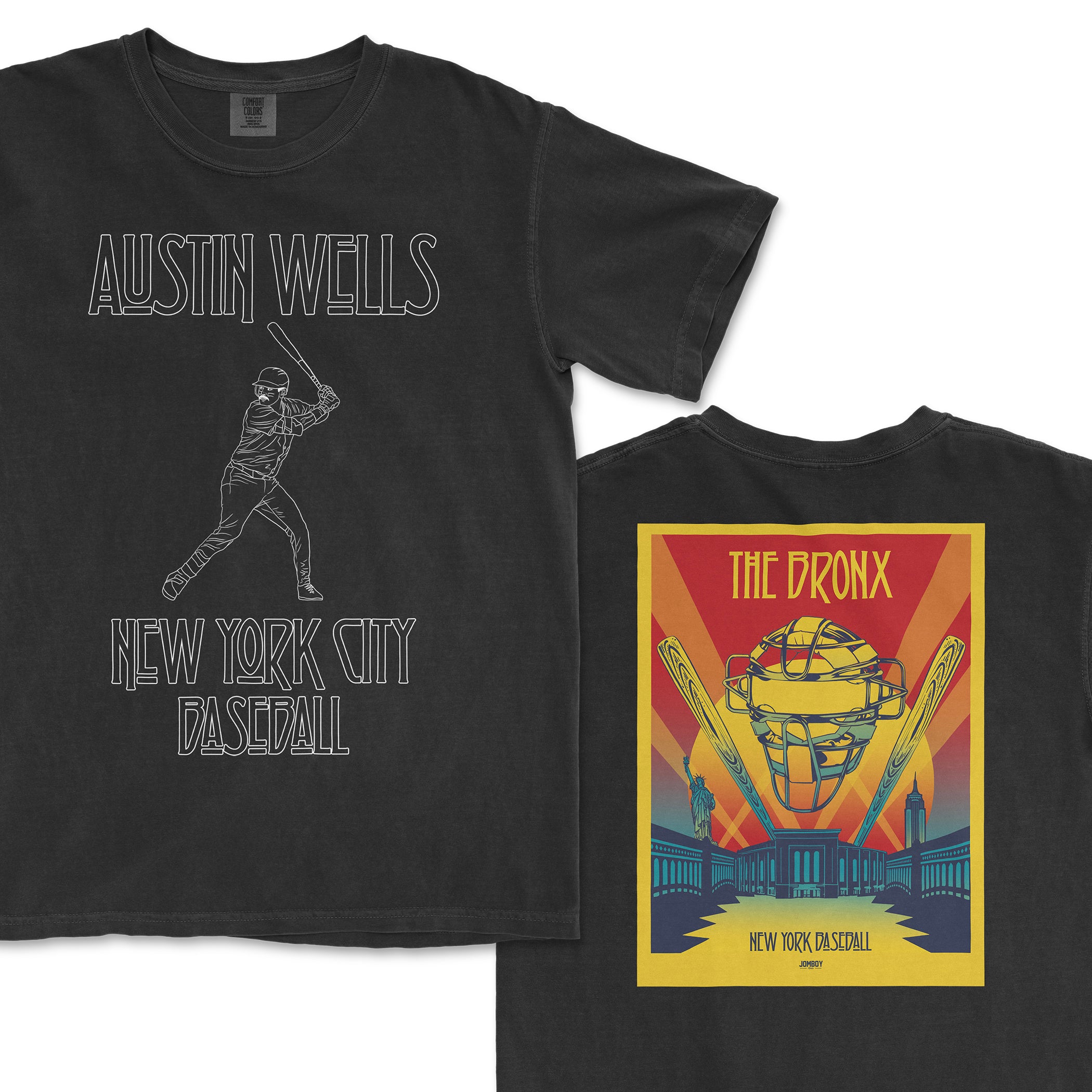 Black T-shirt featuring a baseball player illustration and text "Austin Wells, New York City Baseball" on the front, and a colorful graphic design with a baseball helmet and cityscape on the back.