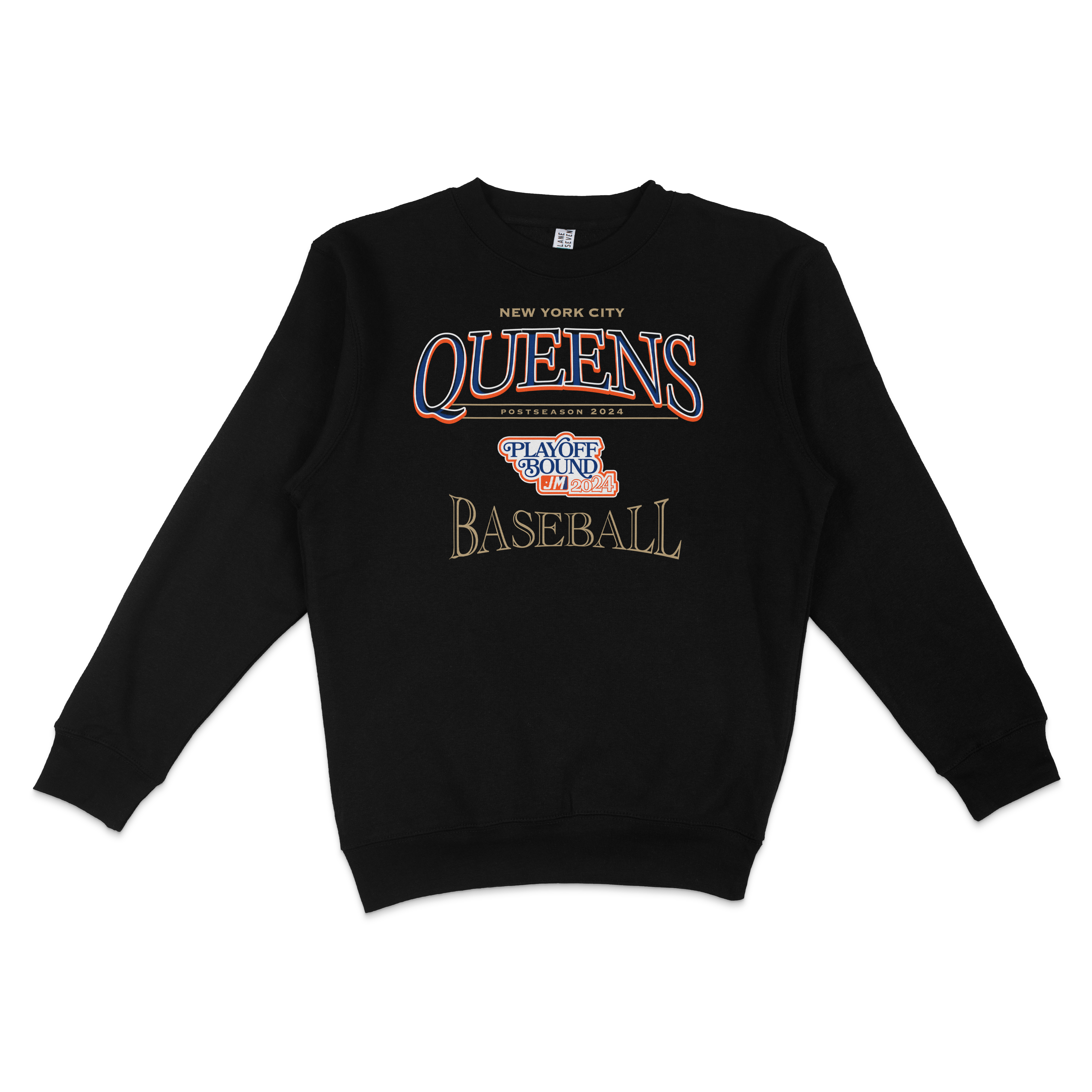 Black crewneck sweatshirt featuring colorful "Queens" text, baseball graphics, and "New York City" and "Playoff Bound 2024" details.