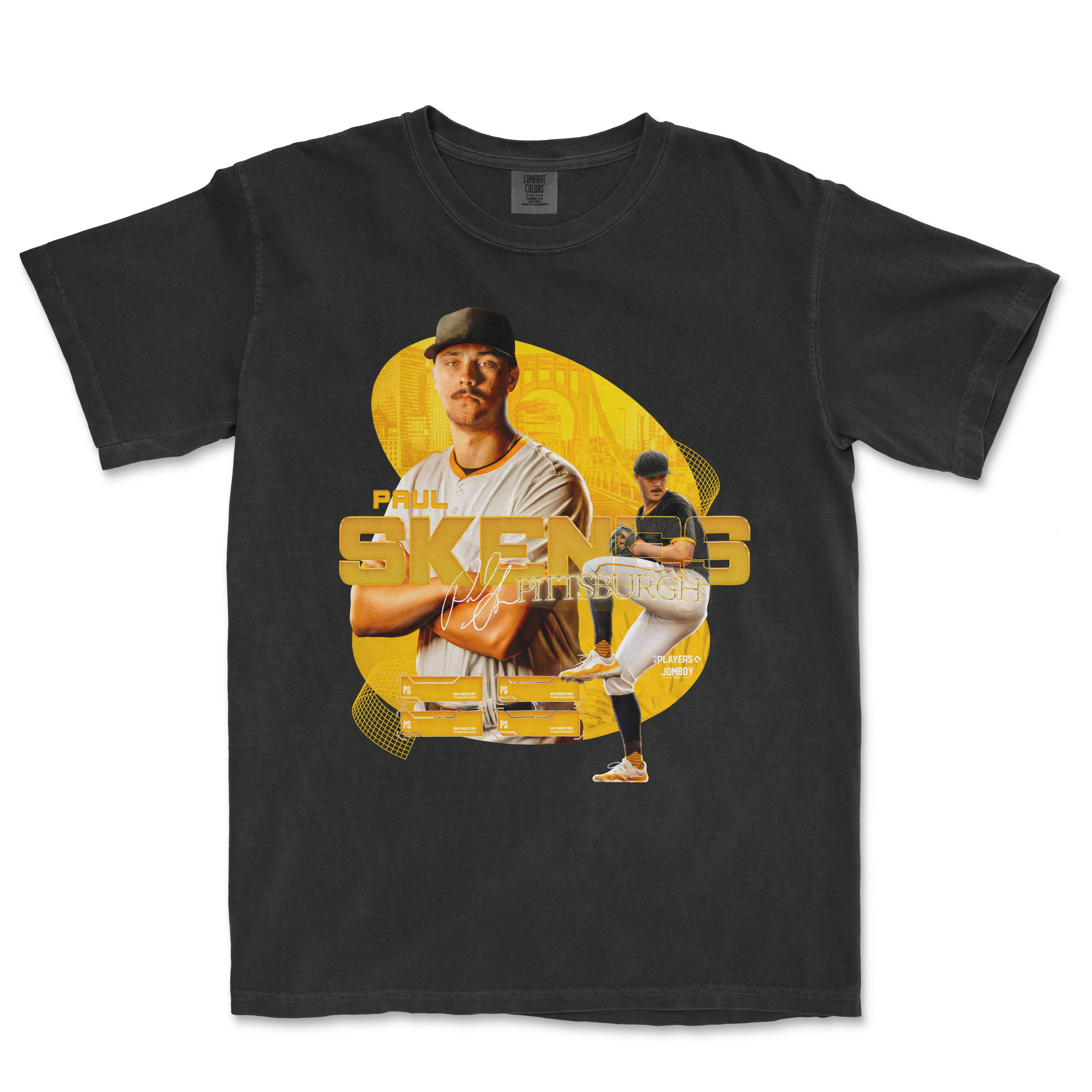 Black Comfort Colors T-shirt featuring a graphic design of Paul Skenes, a baseball player from Pittsburgh, with images, signatures, and team details.
