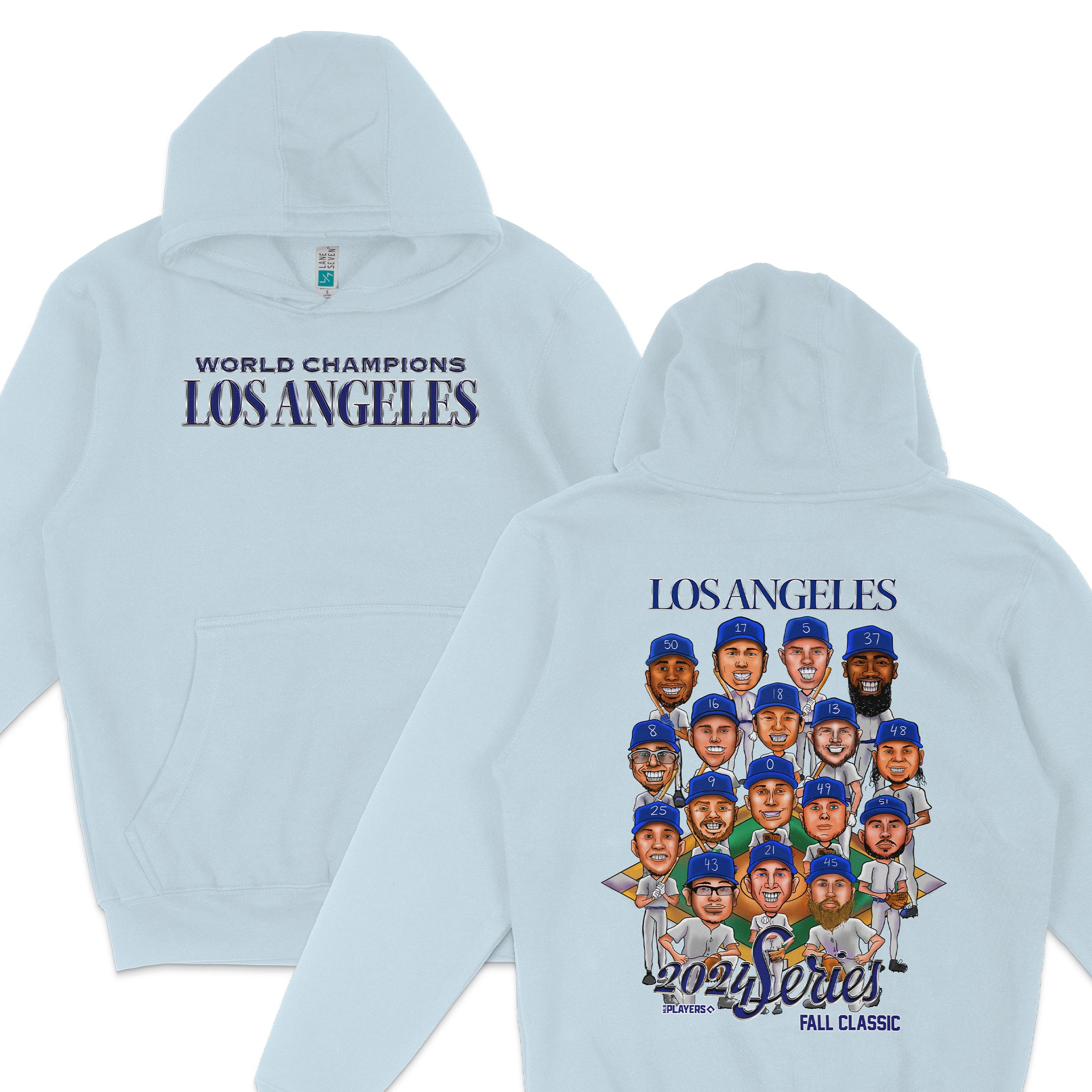 Light blue hoodie featuring "World Champions Los Angeles" text on front and a colorful cartoon team graphic with "2021 Los Angeles Fall Classic" on back.