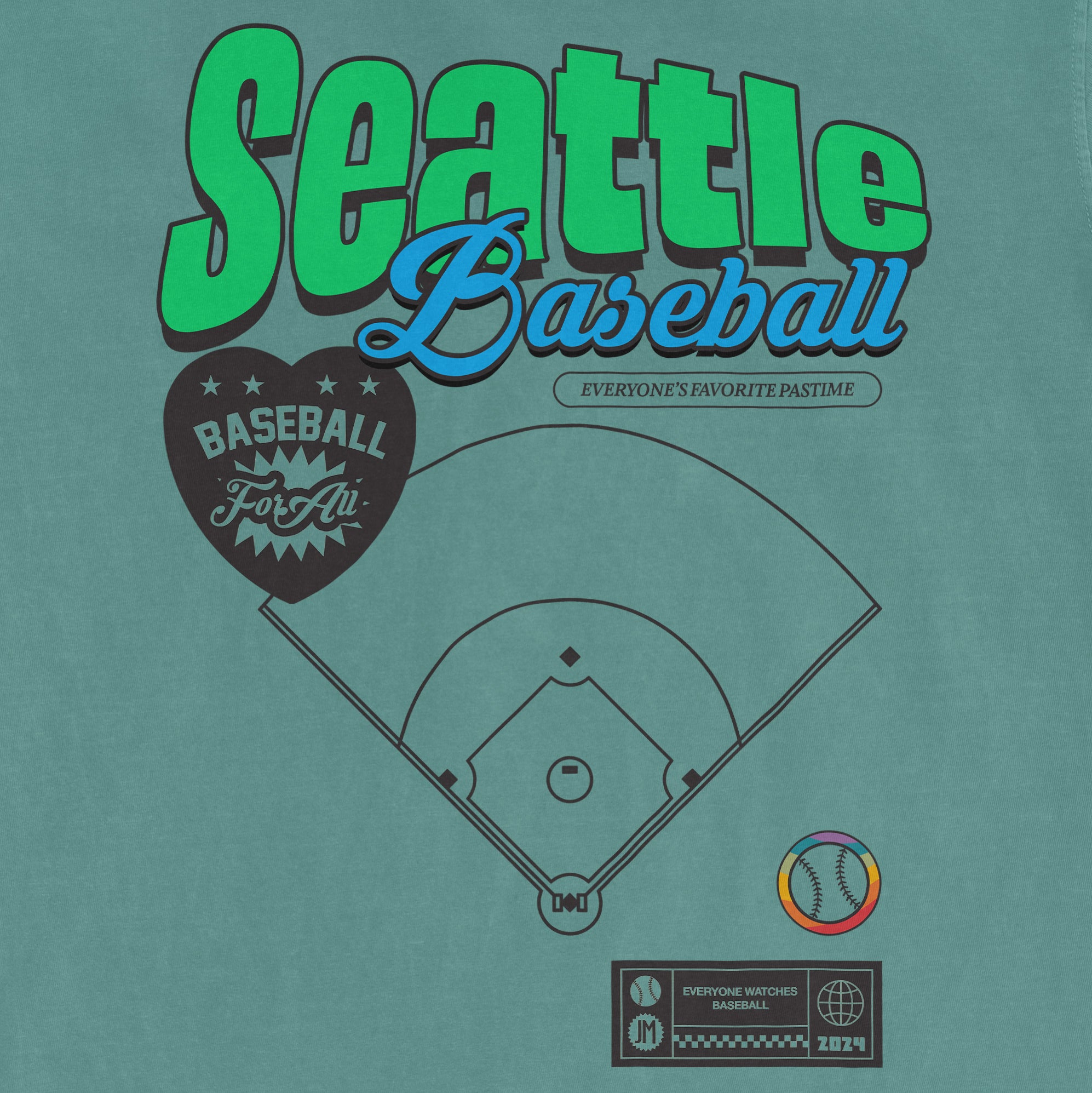 Green Seattle Baseball Pride t-shirt with a baseball field graphic, colorful ball icon, and text celebrating baseball fandom.