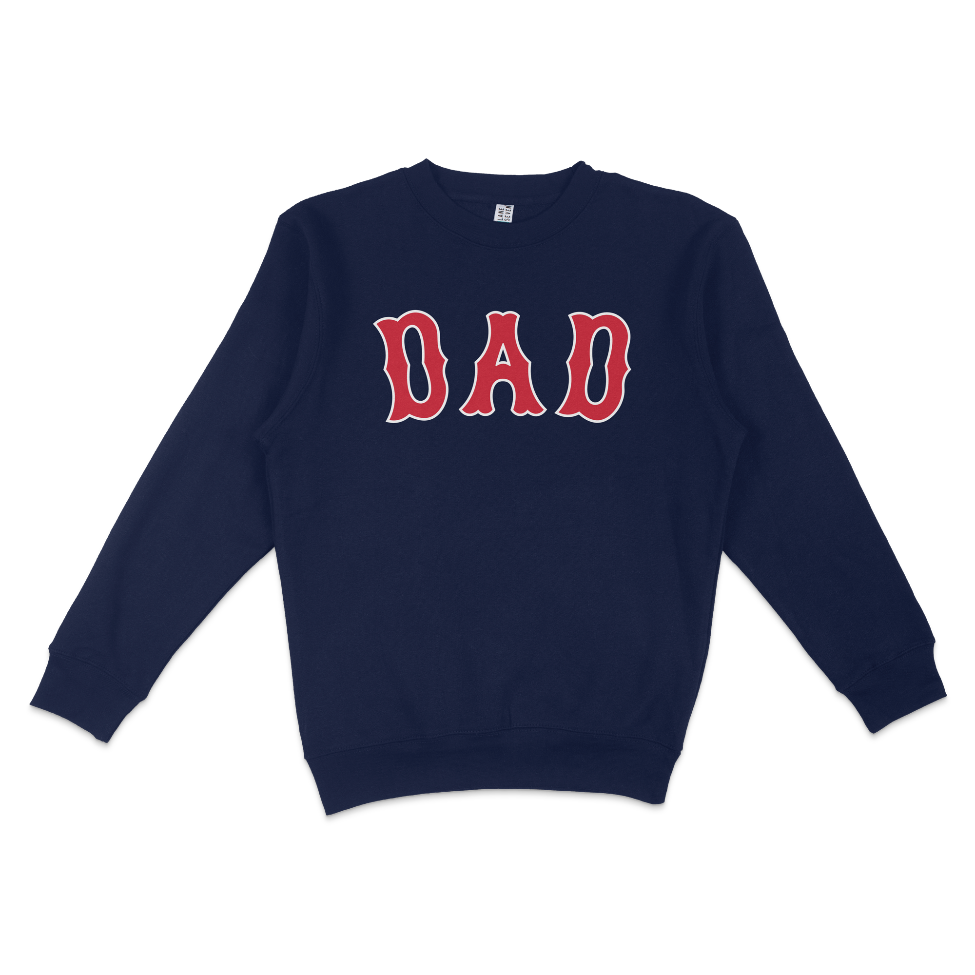 Navy crewneck sweatshirt with bold red and white "DAD" lettering, perfect for Boston baseball dads.