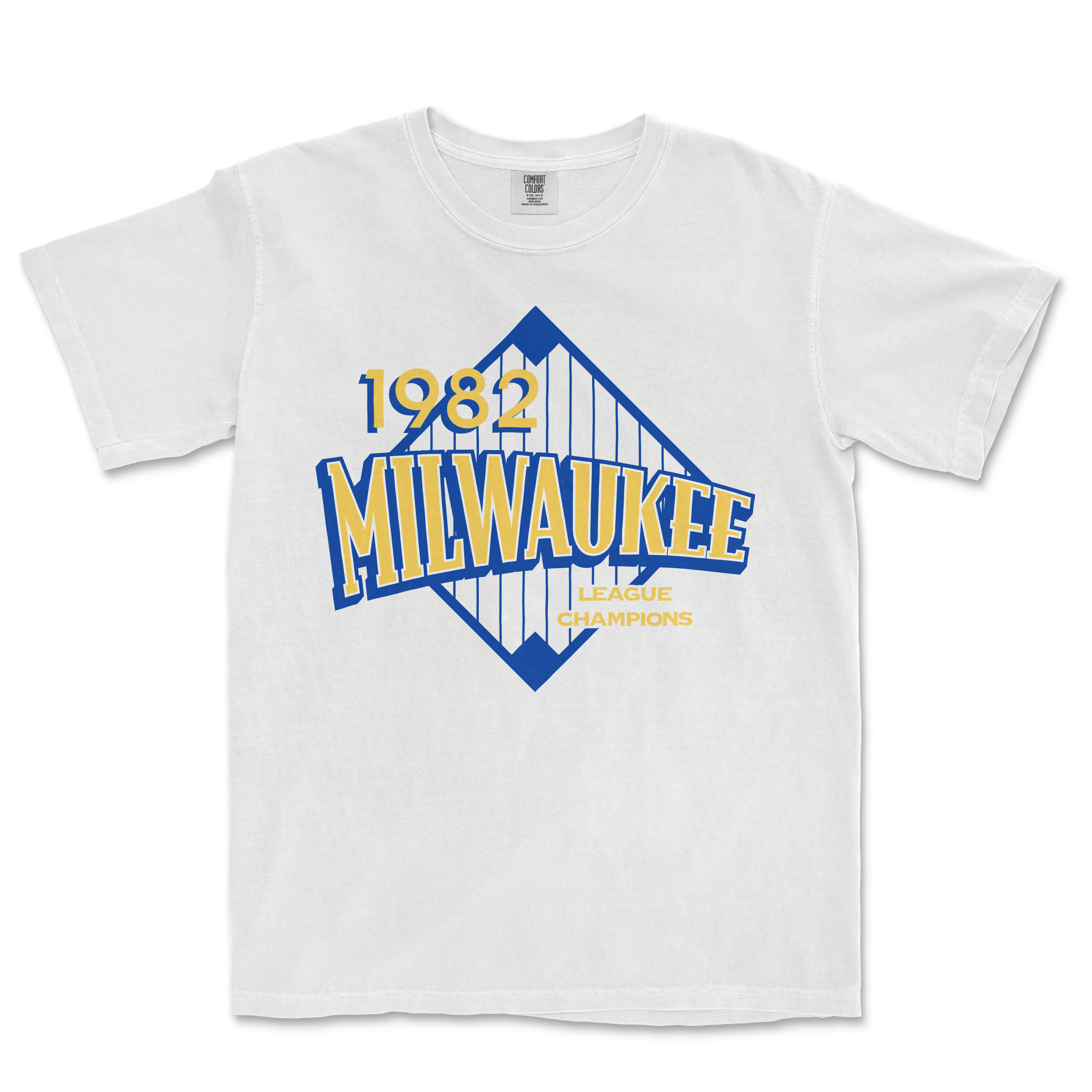 White Comfort Colors T-shirt featuring a vintage Milwaukee Brewers 1982 league champions graphic design in blue and yellow.