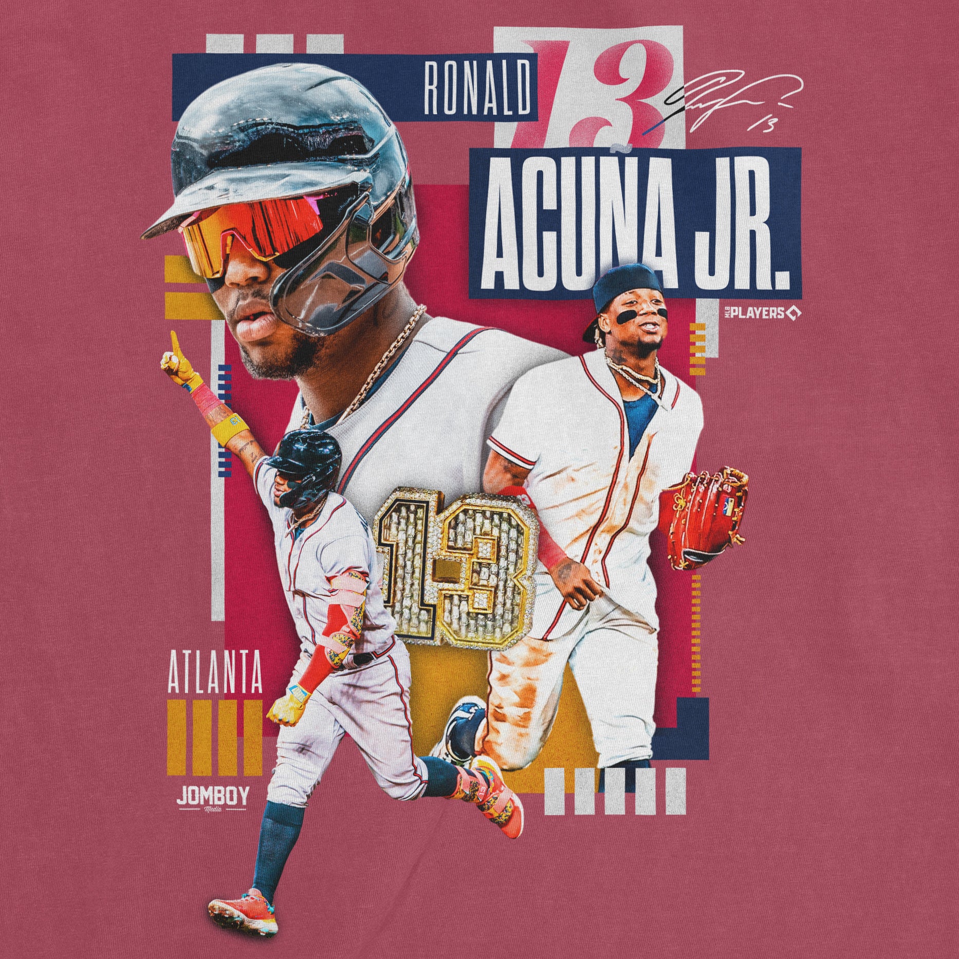 Ronald Acuña Jr. Signature Series baseball card featuring multiple images, his name, autograph, and team details on a pink background.