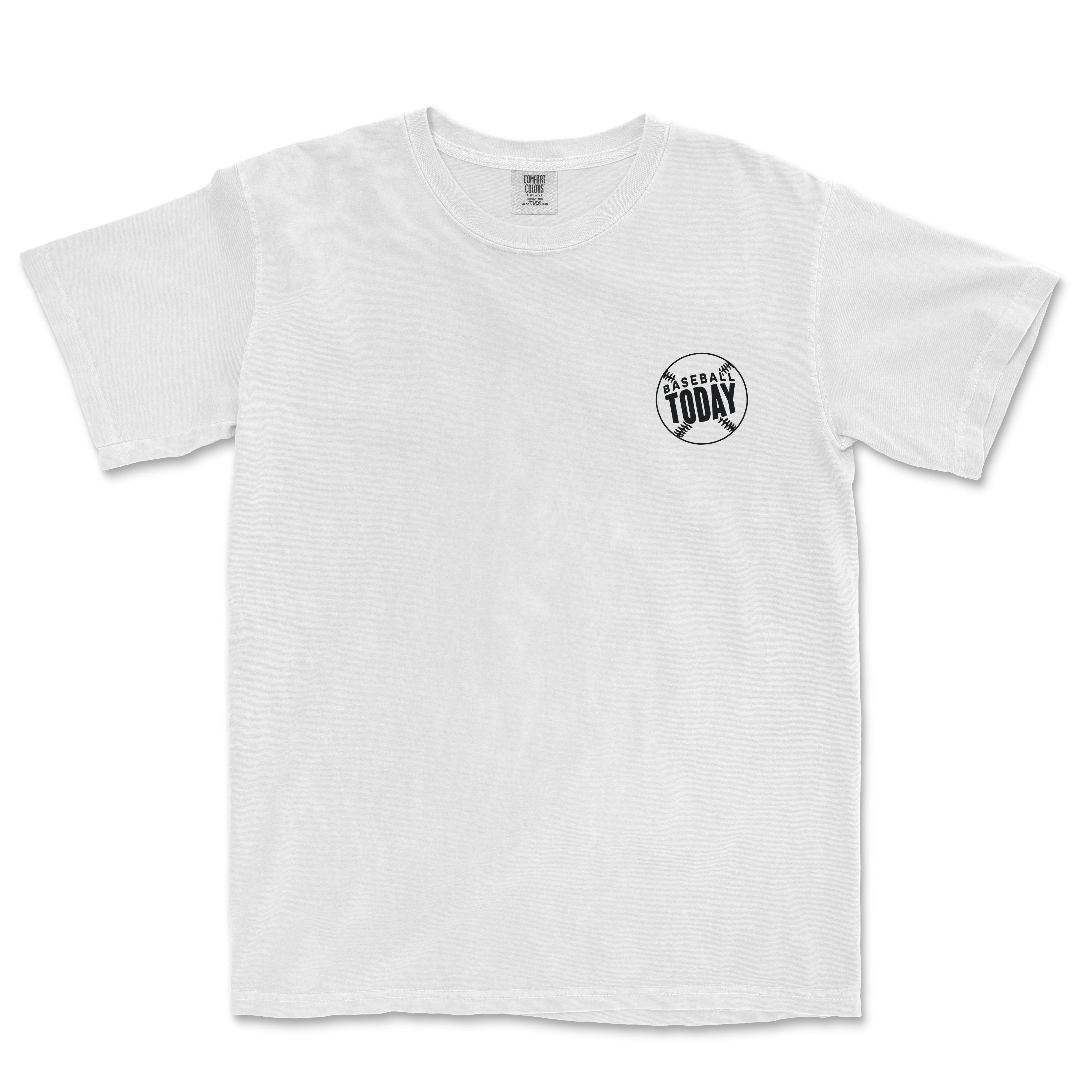 Black monochrome T-shirt with a small "Baseball Today" logo on the chest, featuring a baseball graphic and bold text.