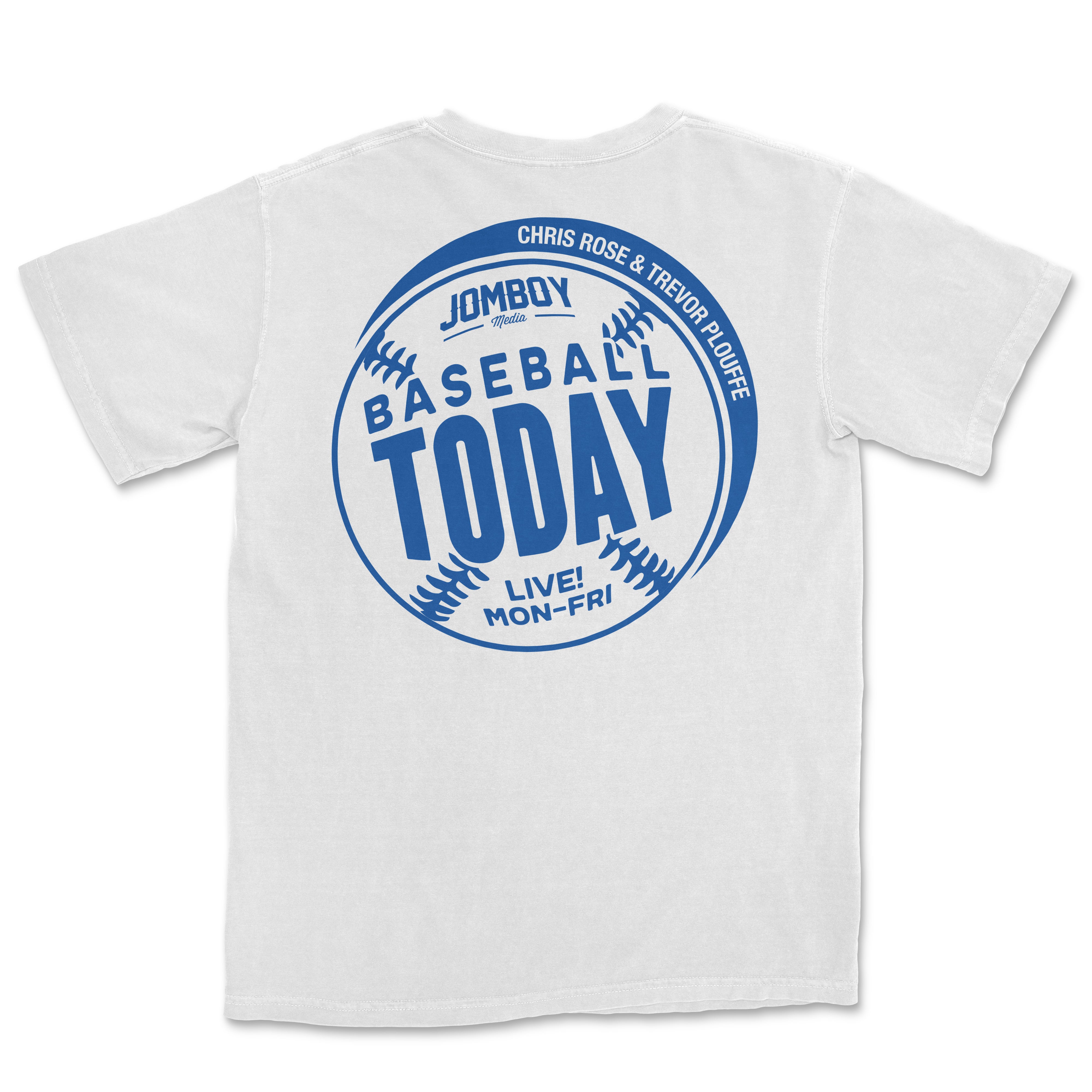Blue monochrome vintage Comfort Colors tee featuring a baseball-themed design with "Baseball Today" text, team names, and schedule details.