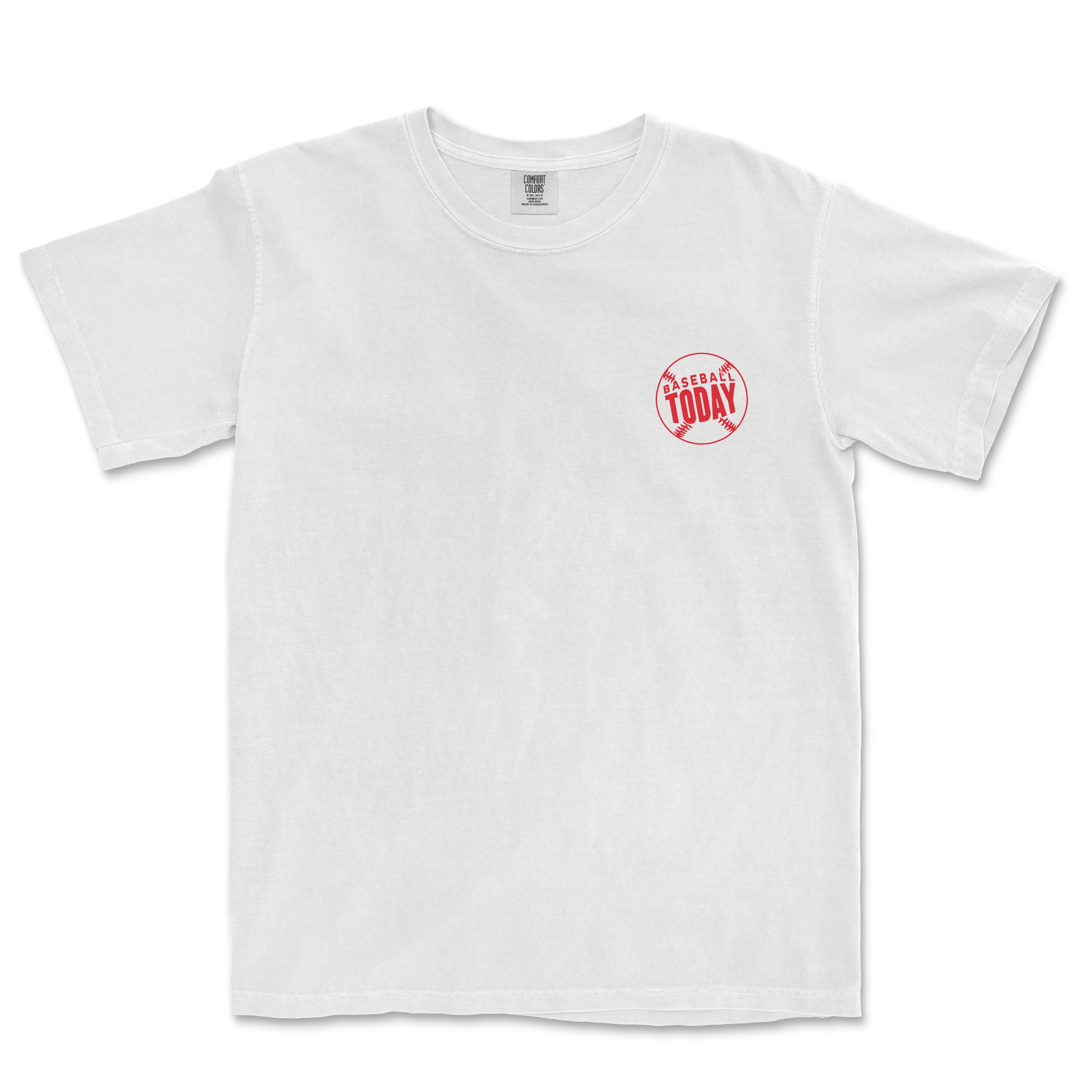 White Comfort Colors vintage tee with a small red baseball graphic and "Baseball Today" text on the chest.