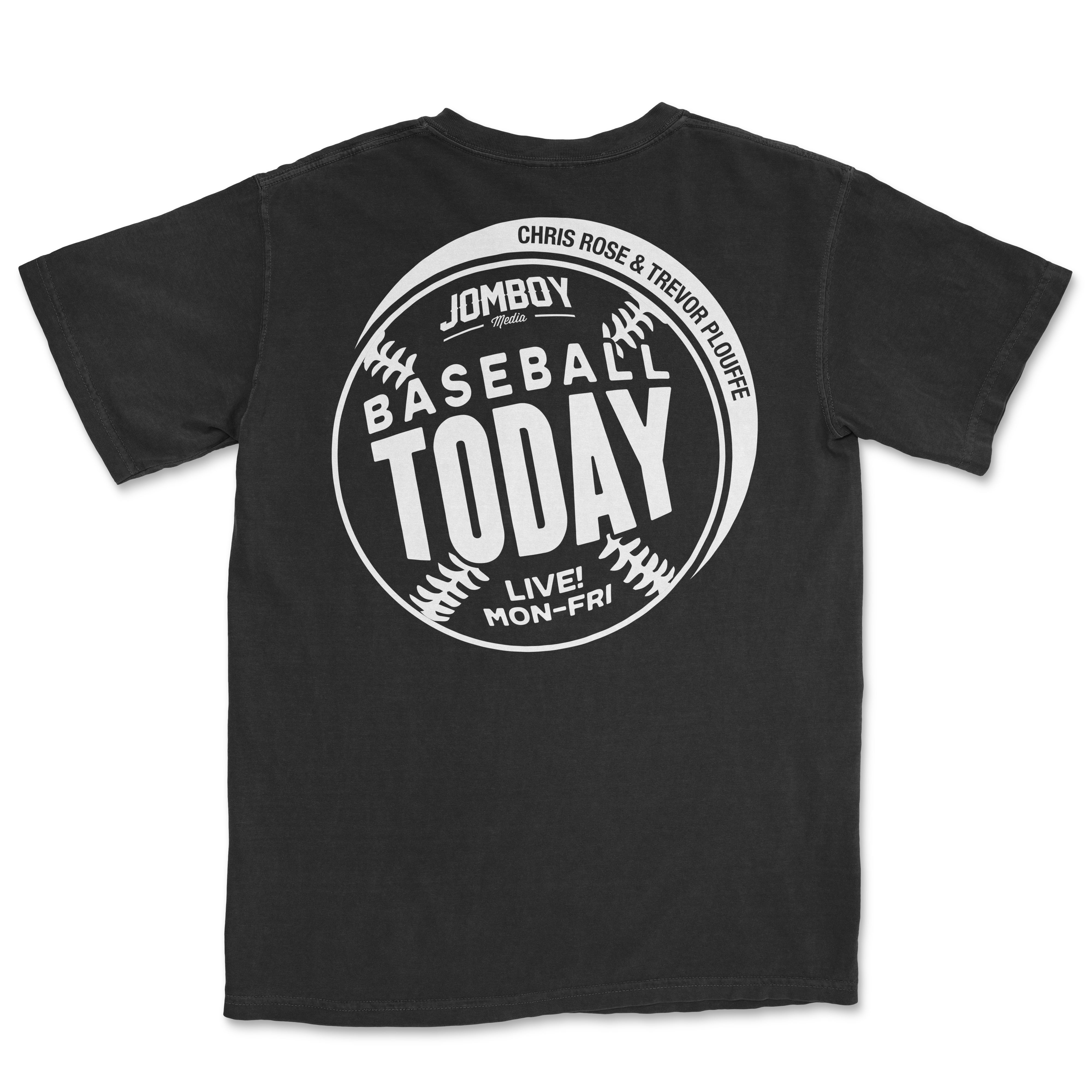White monochrome vintage Comfort Colors tee featuring a baseball-themed design with "Baseball Today" text, team names, and schedule.